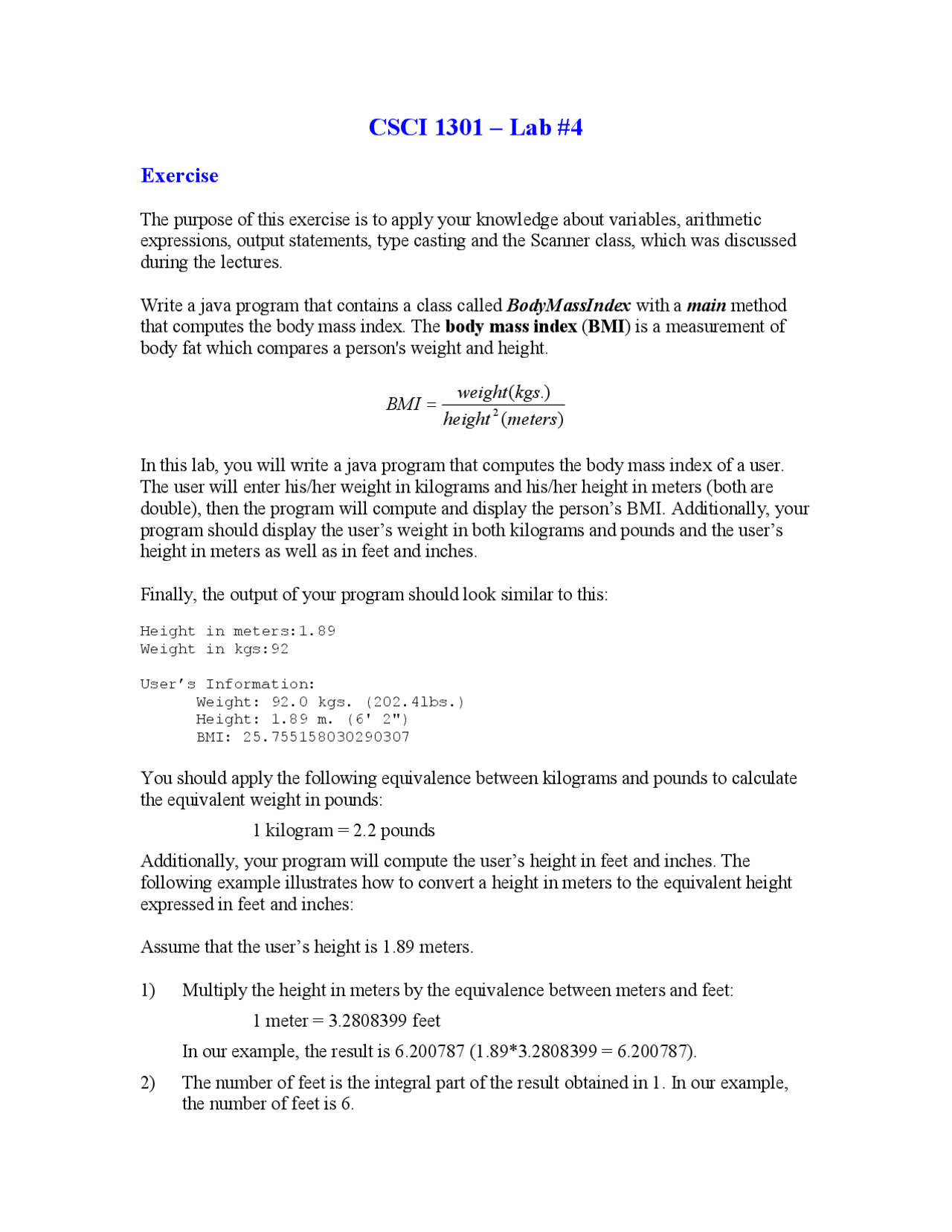 Computing Bmi Mini Lab Lab 4: Body Mass Index - Introduction to Computing and Programming ...