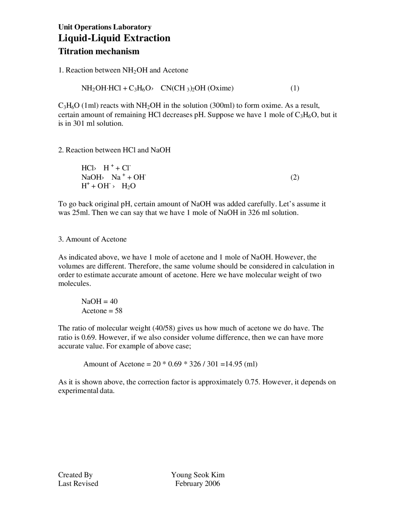 Unit Operations Laboratory, Liquid-Liquid Extraction | ECH 4404L - Docsity