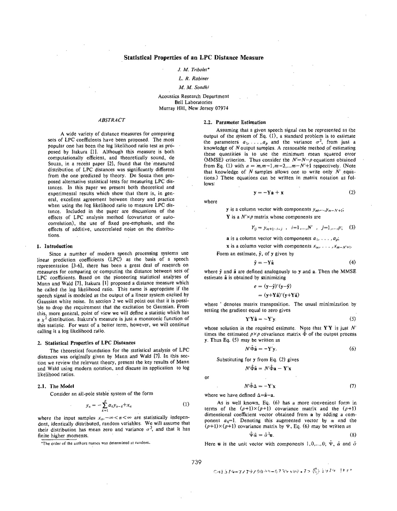 Statistical Properties of an LPC Distance Measure | CH ST 259 - Docsity