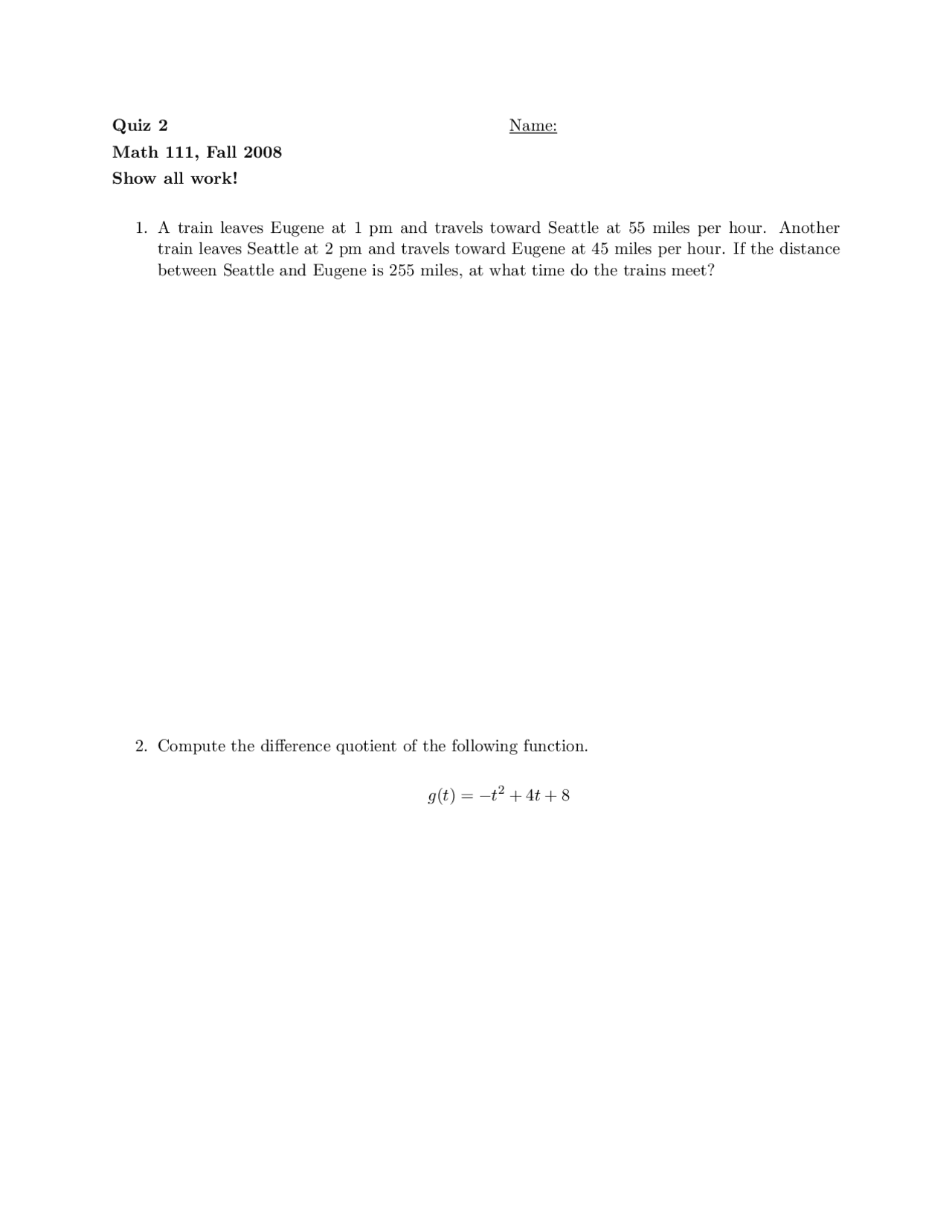 Quiz #2 - College Algebra - Fall 2008 | MATH 111 - Docsity