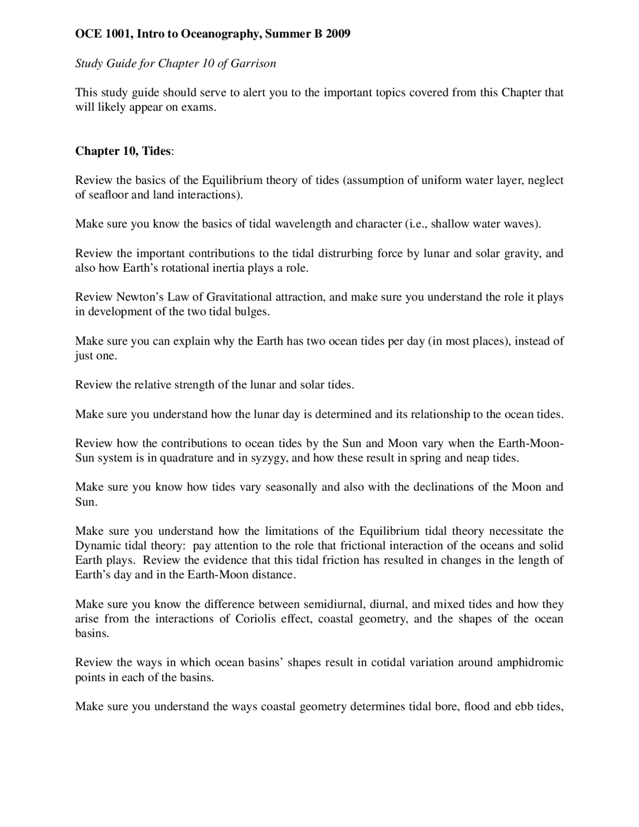 Study Guide for Exam, Tides - Introduction to Oceanography | OCE 1001 ...
