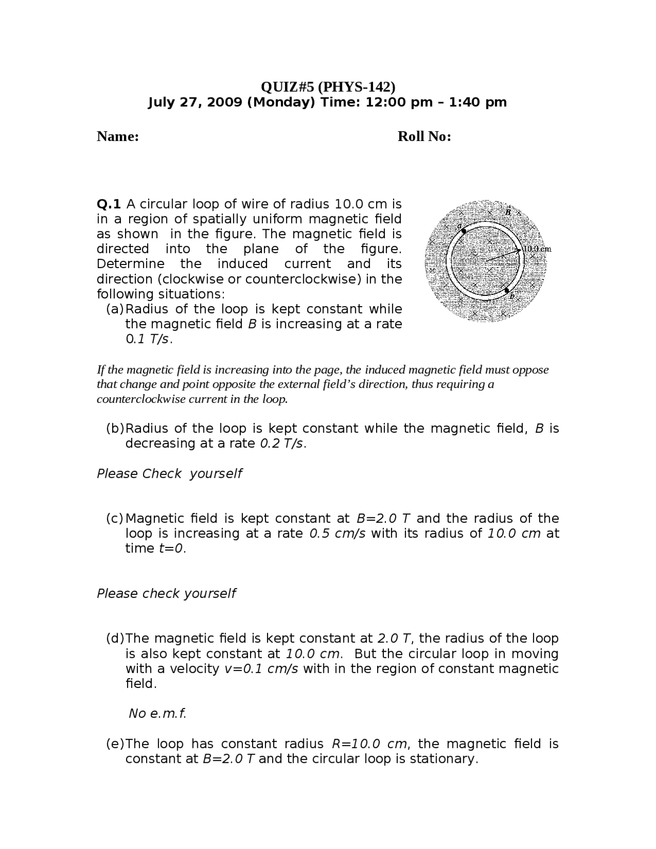 5 Problems on General Physics II - Quiz 5 | PHYS 142 - Docsity