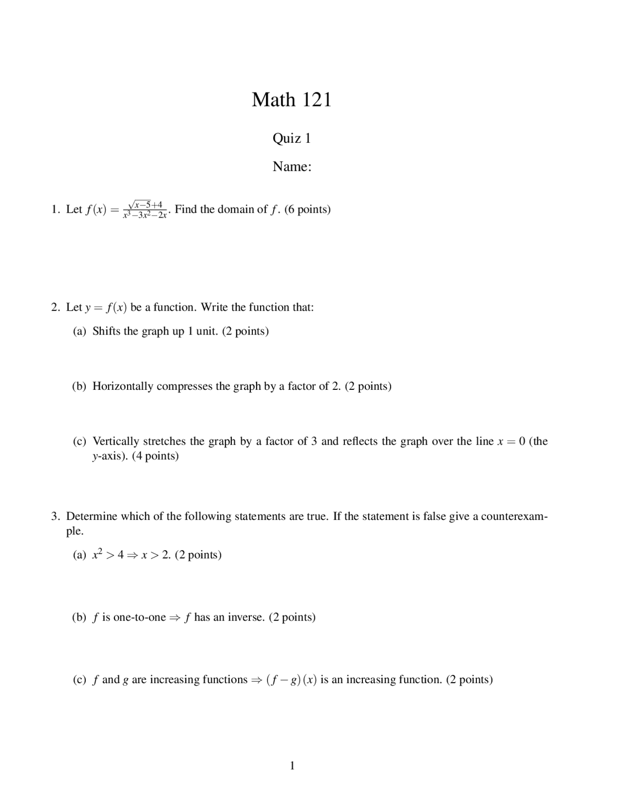 Questions on Domain and Function in Calculus 1 - Quiz | MATH 121 - Docsity