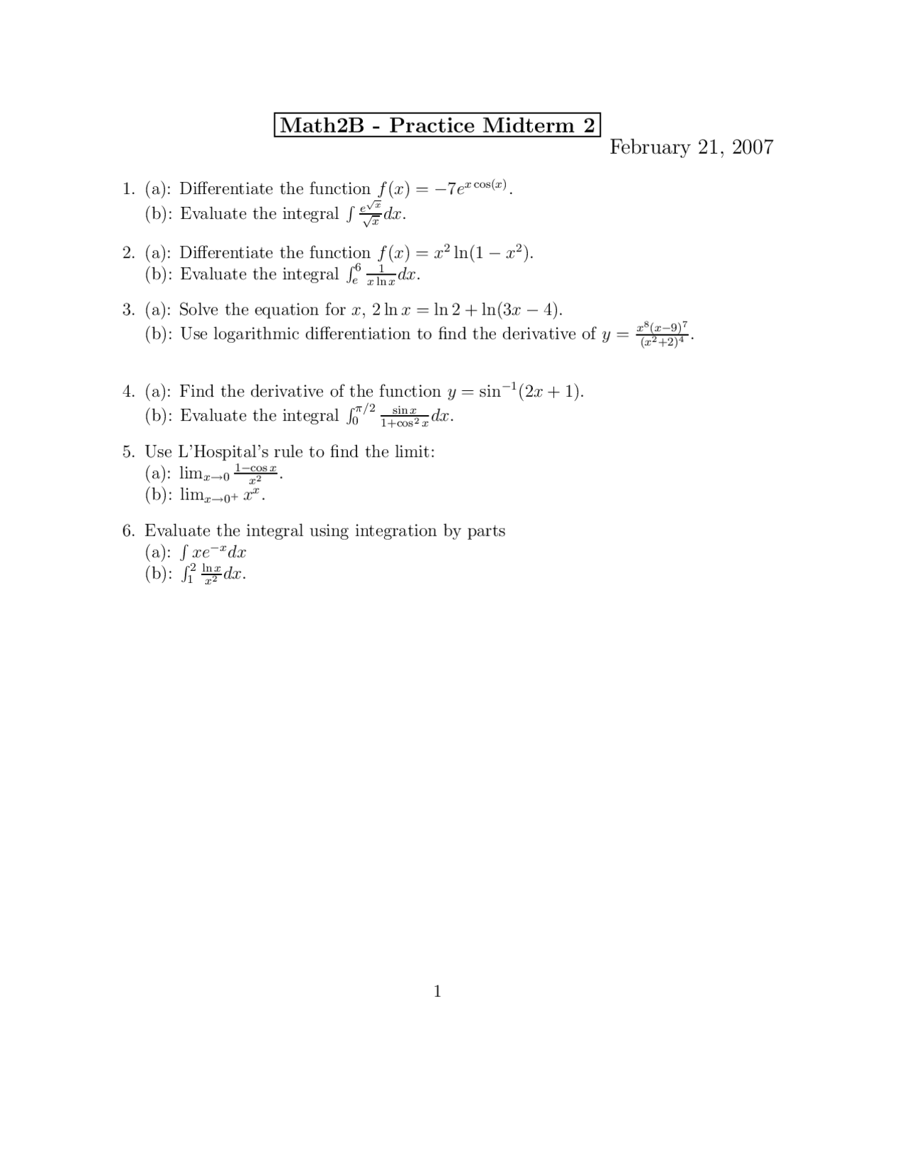 Practice Midterm Exam 2 for Calculus | Math 2 | Exams Calculus | Docsity