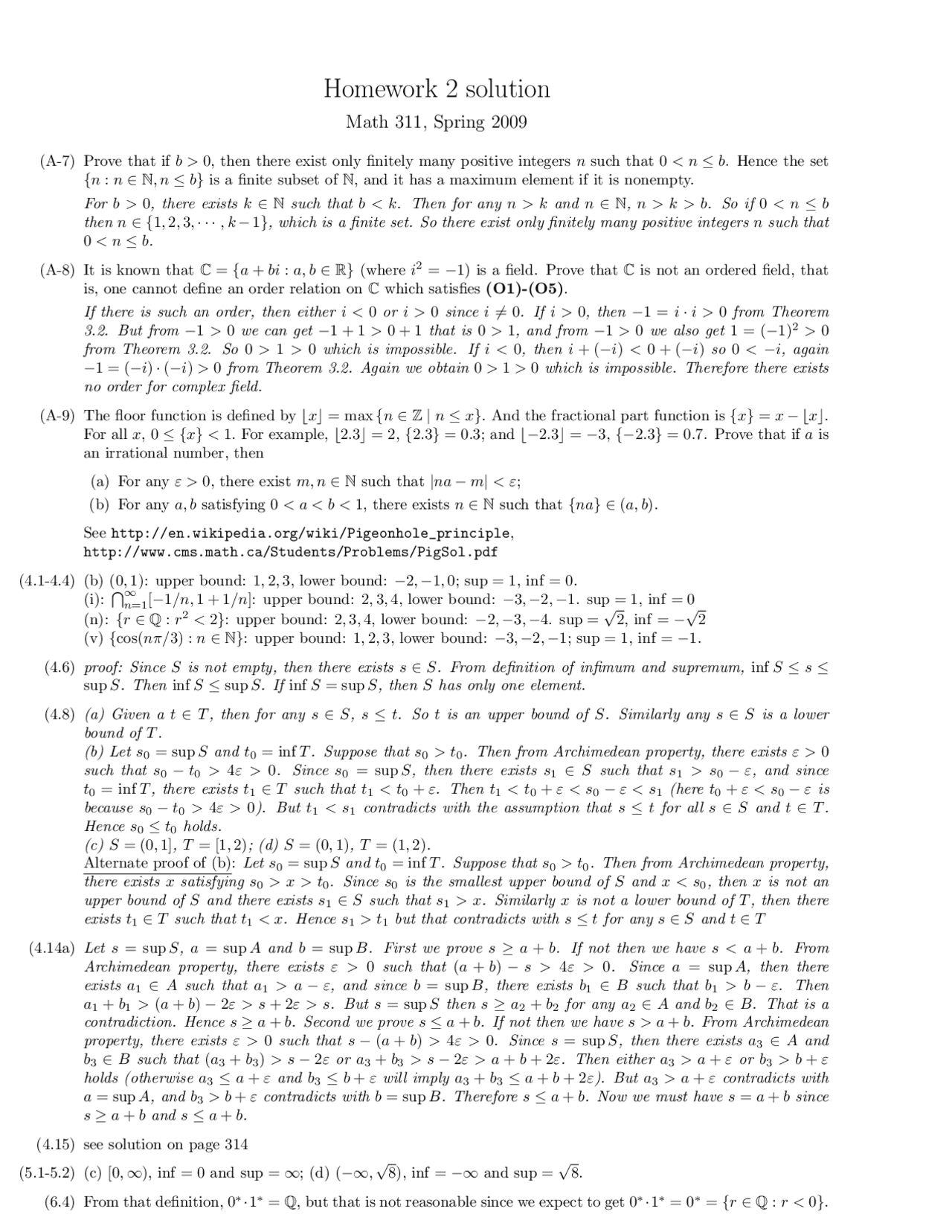 Homework 2 with Solutions for Elementary Analysis | MATH 311 - Docsity
