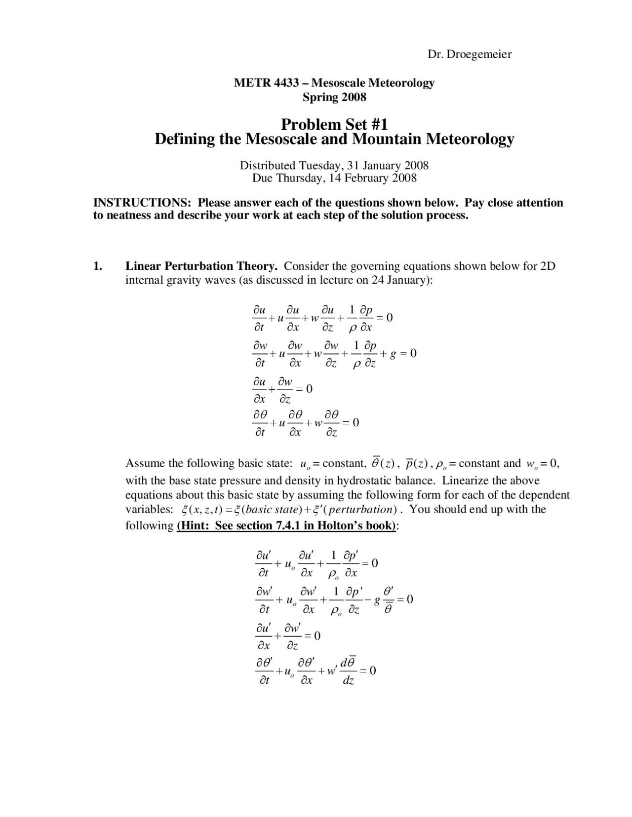 Meteorology Math Work Examples Mesoscale Meteorology - Problem Set 1 | METR 4433 - Docsity