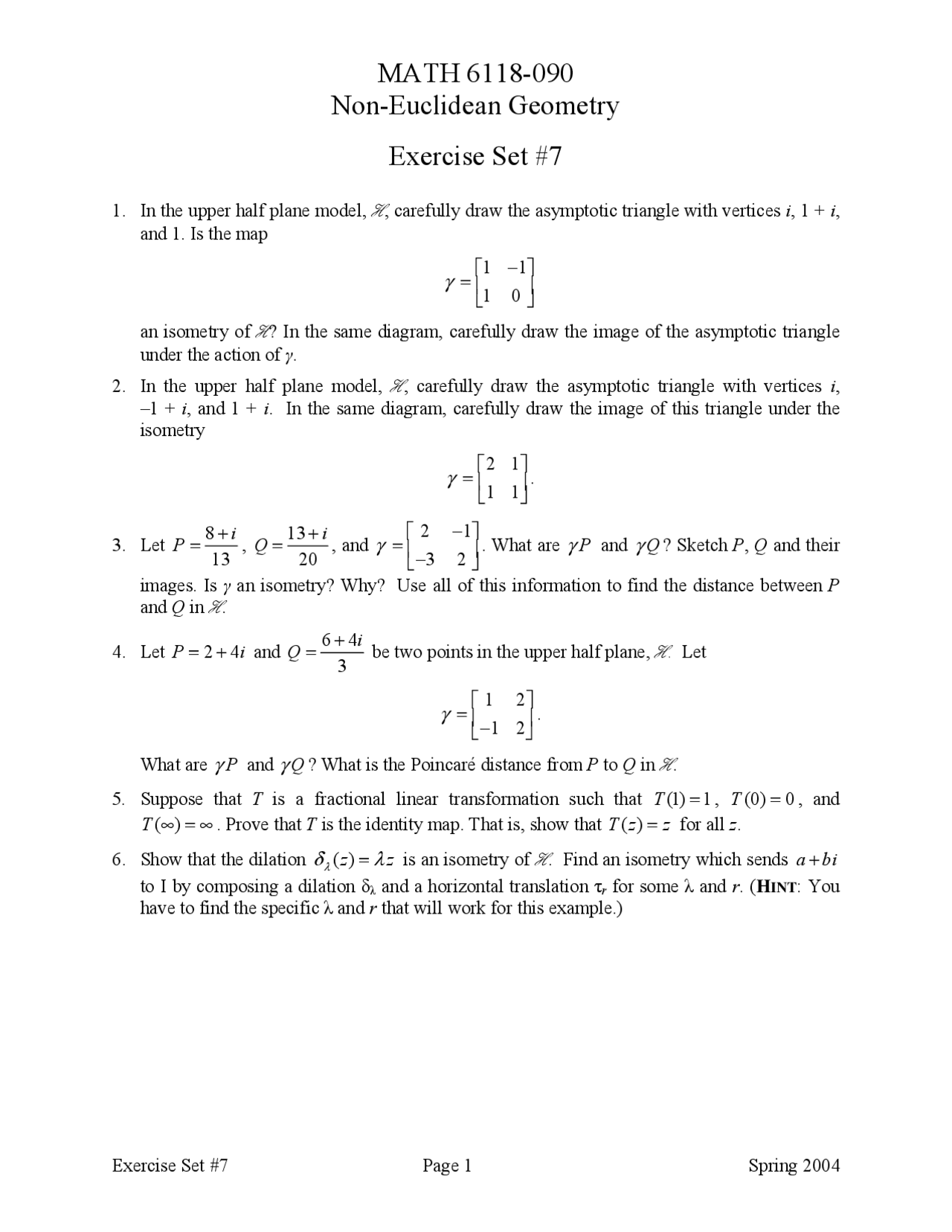 Exercise Set 7 - Non Euclidean Geometry | MATH 6118 - Docsity
