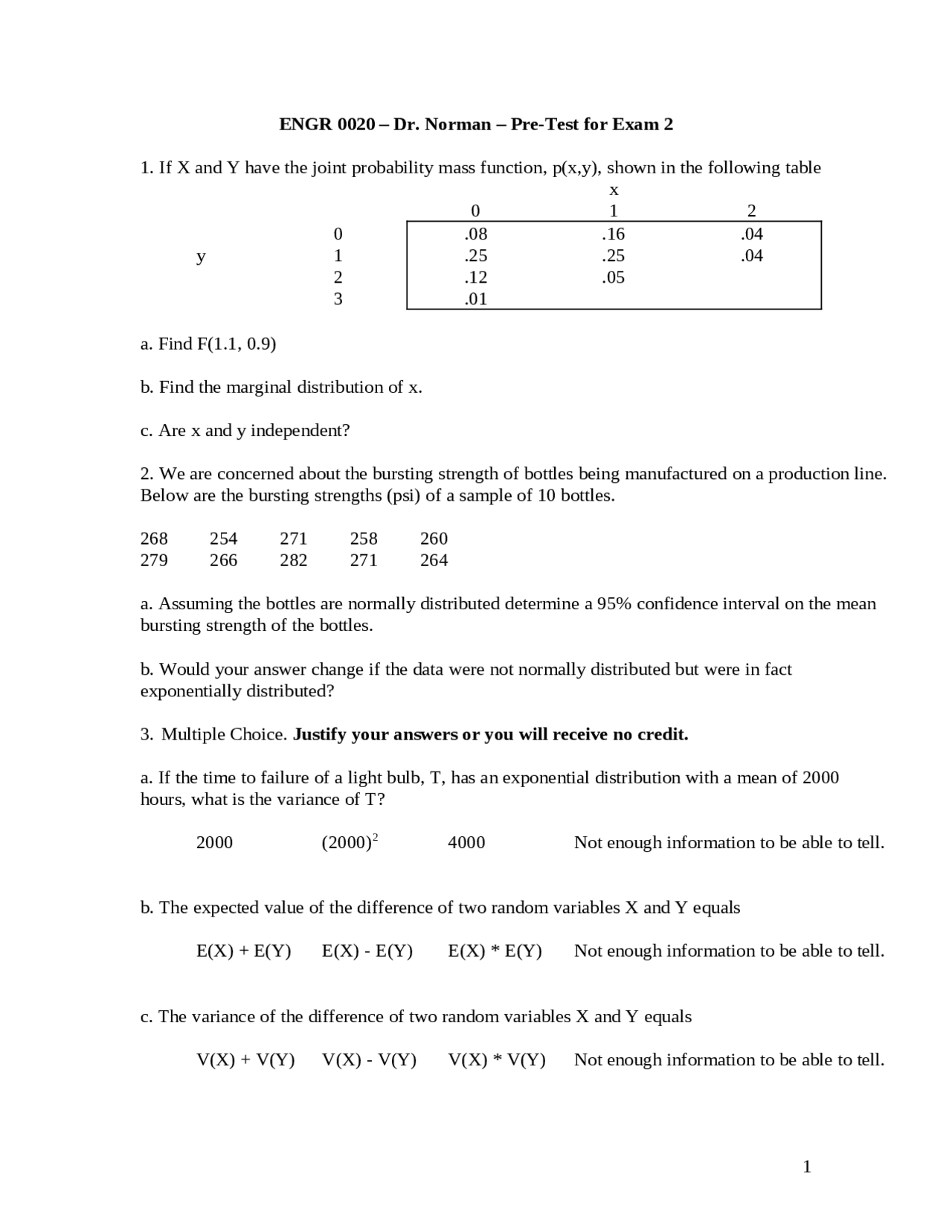 Exam 2 with Practice Problems - Probability and Statistics for ...