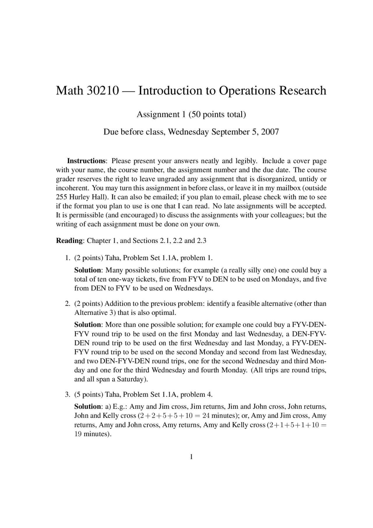 Assignment 1 - Introduction to Operations Research | MATH 30210 - Docsity