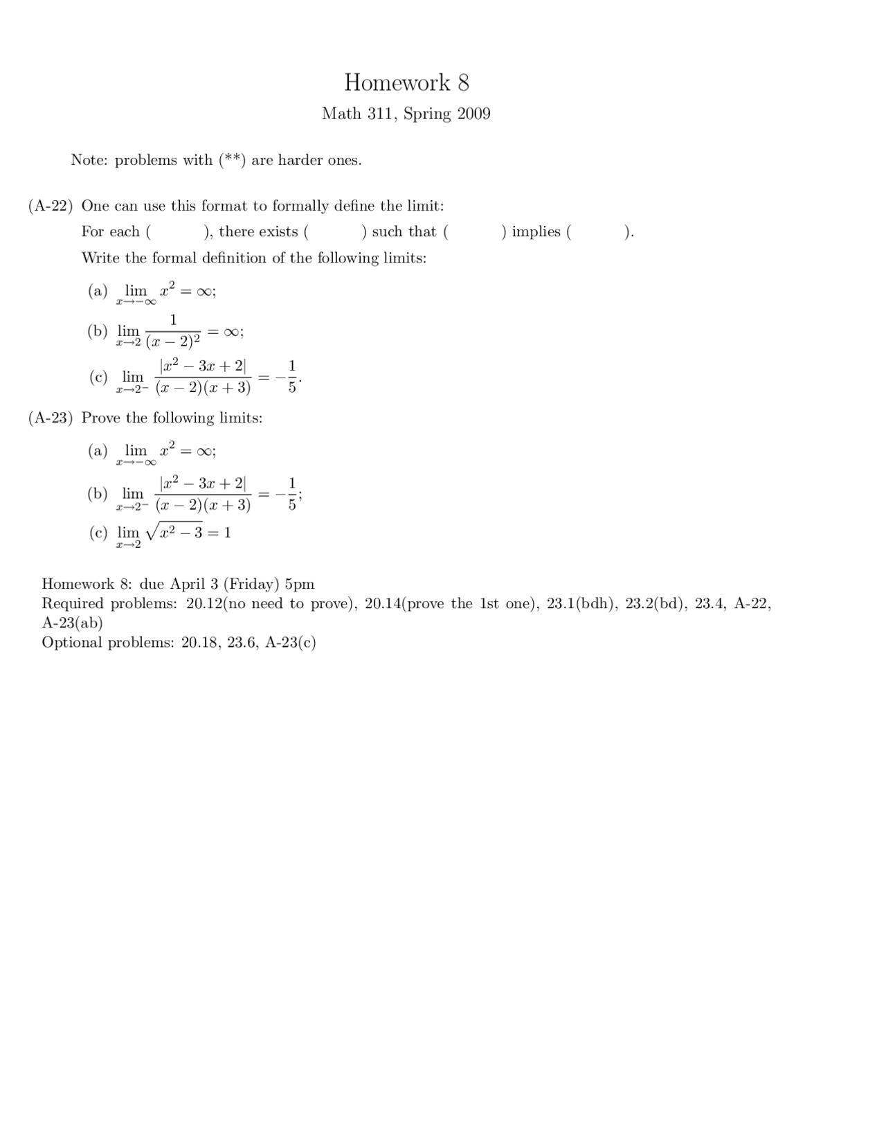 Homework 8 Questions - Elementary Analysis | MATH 311 - Docsity