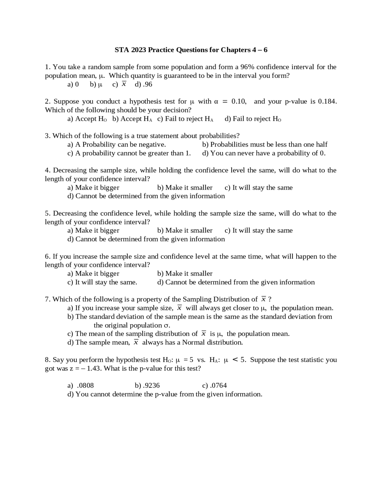 Example Lab Question Sta 233 57 Solved Problems on Introduction to Statistics l - Test 2 | STA 2023 ...