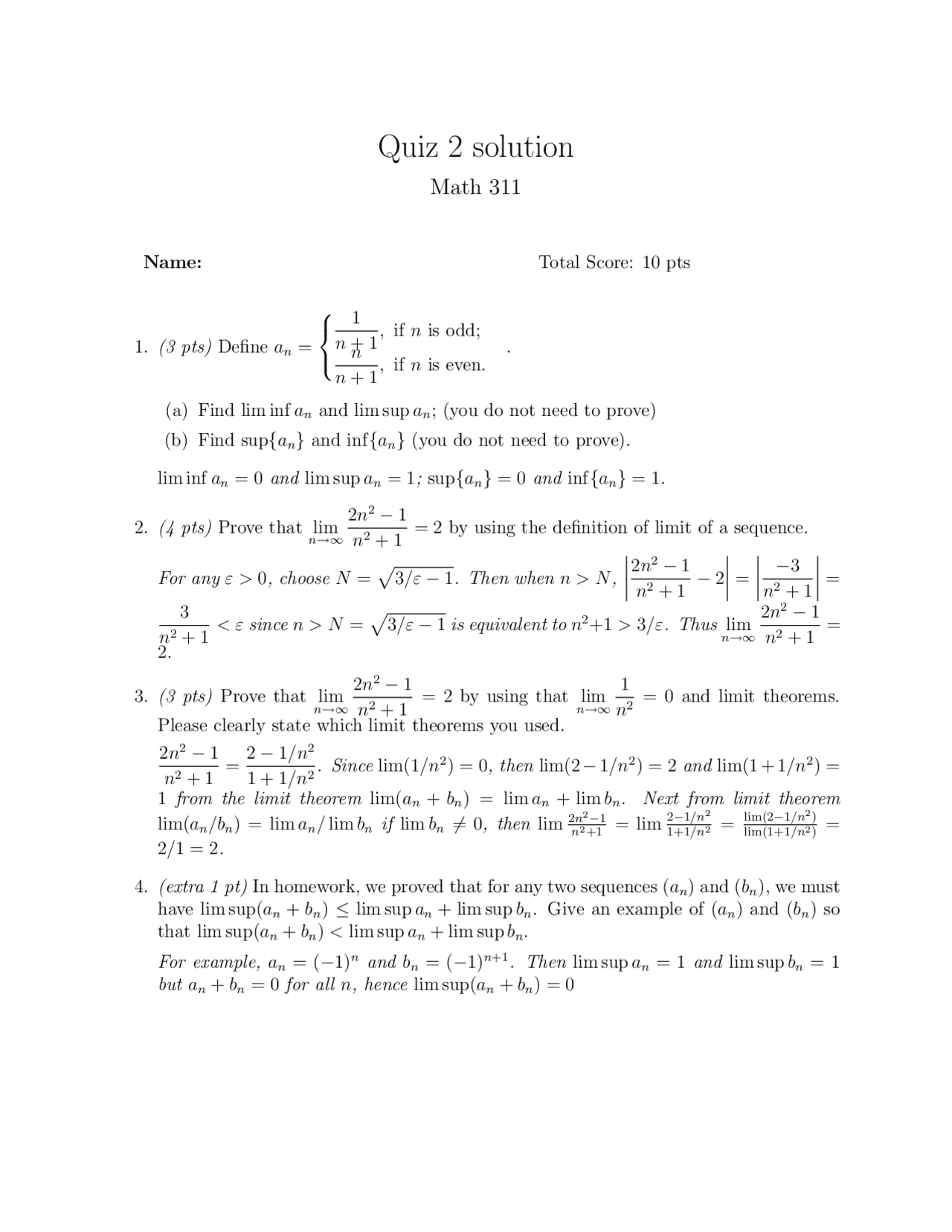Quiz 2 Solution for Elementary Analysis | MATH 311 - Docsity