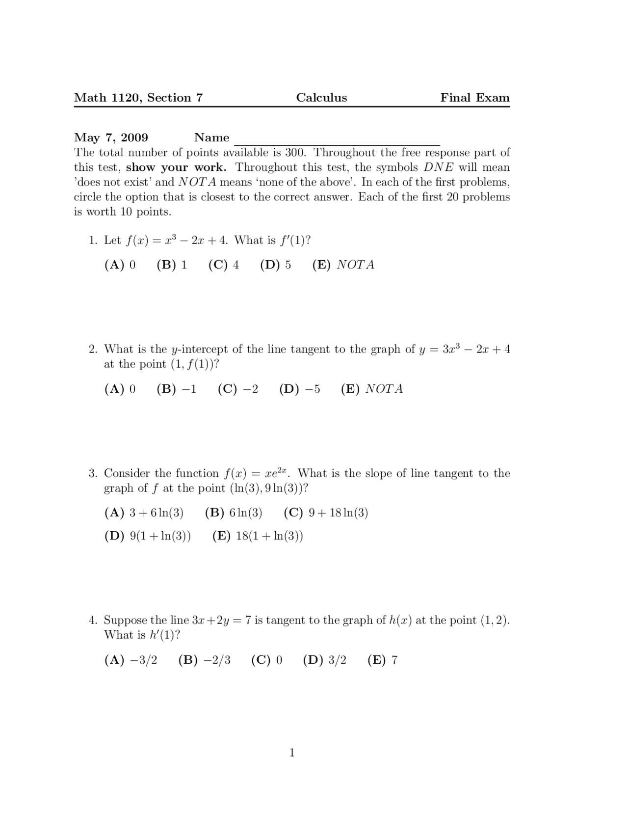 24 Questions on Calculus - Final Exam | MATH 1120 - Docsity