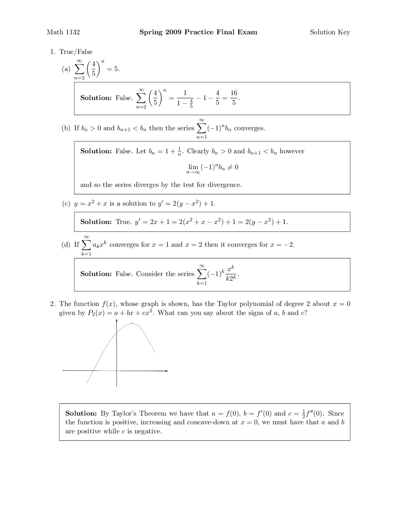 Solutions to Practice Final Exam - Calculus II | MATH 1132 - Docsity