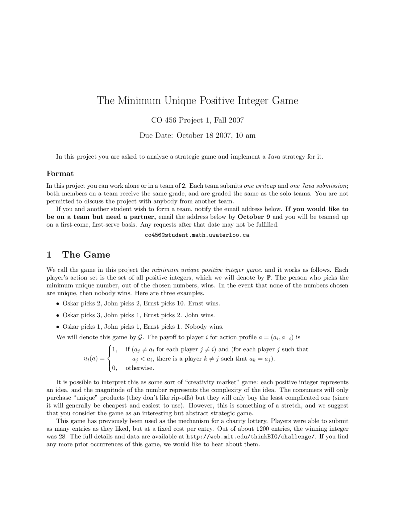 The Minimum Unique Positive Integer Game - Fall 2007 | MATH 0209A - Docsity