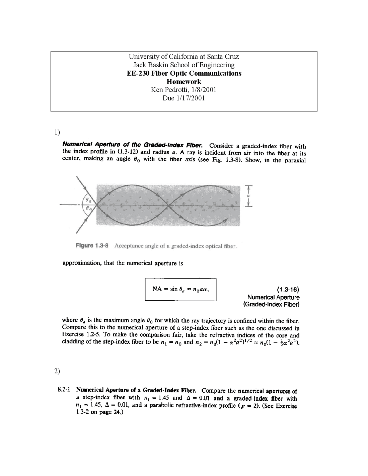 Fiber Optical Communication - Assignment 1 | EE 230 - Docsity