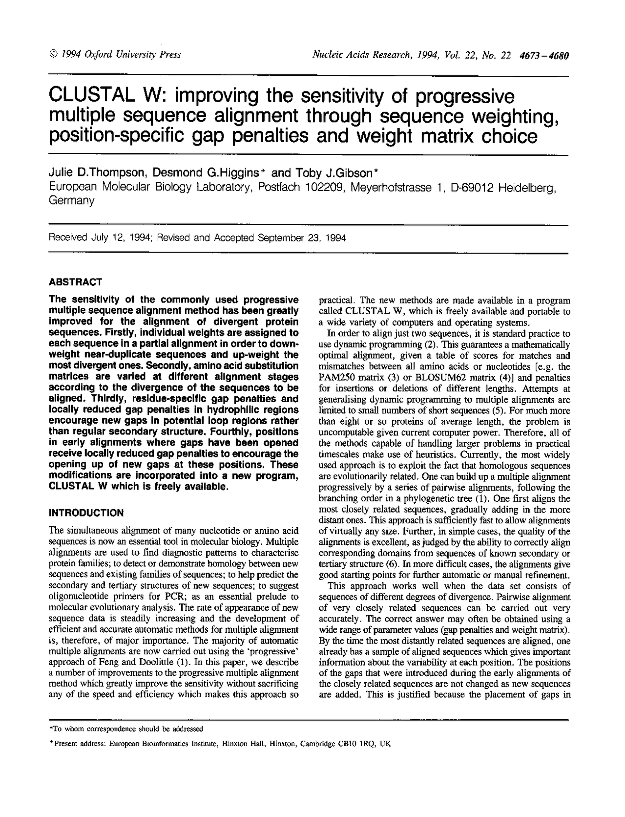 Nucleic Acid Research, 1994 Bioinformatics CAP 5510 Docsity