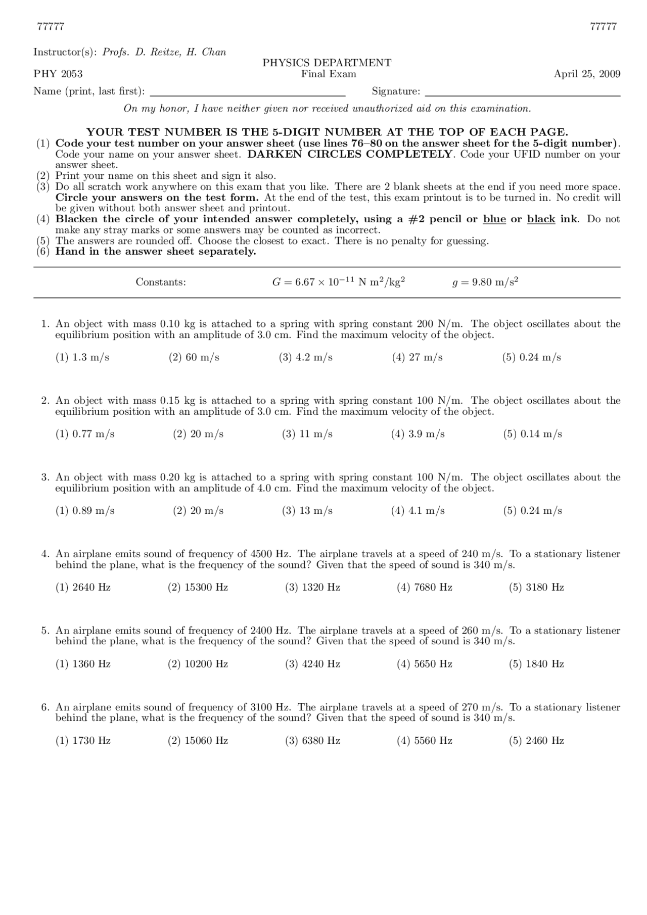 Final Exam Questions | Physics I | PHY 2053 - Docsity