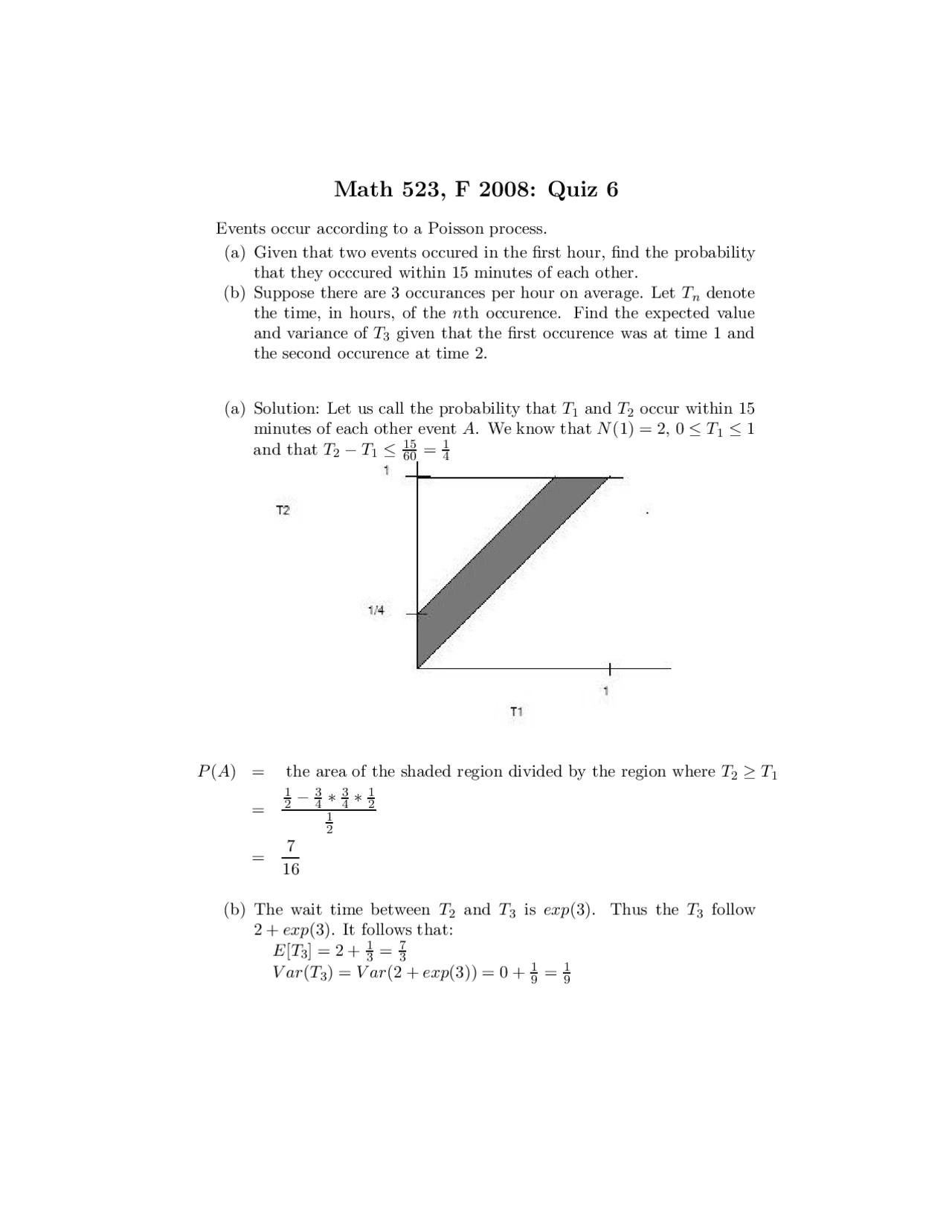 Quiz 6 Solutions for Math 523, Poisson Process Prof. Mattias Jonsson