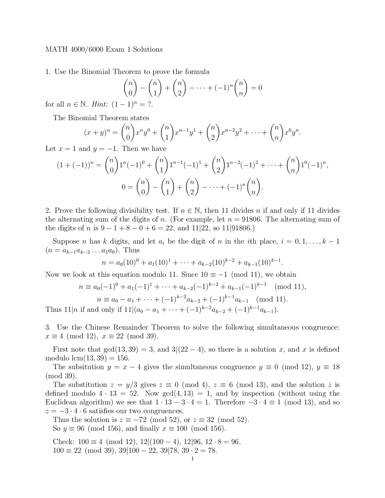 Exam 1 Solutions - Binomial Theorem - Modern Algebra and Geometry I ...
