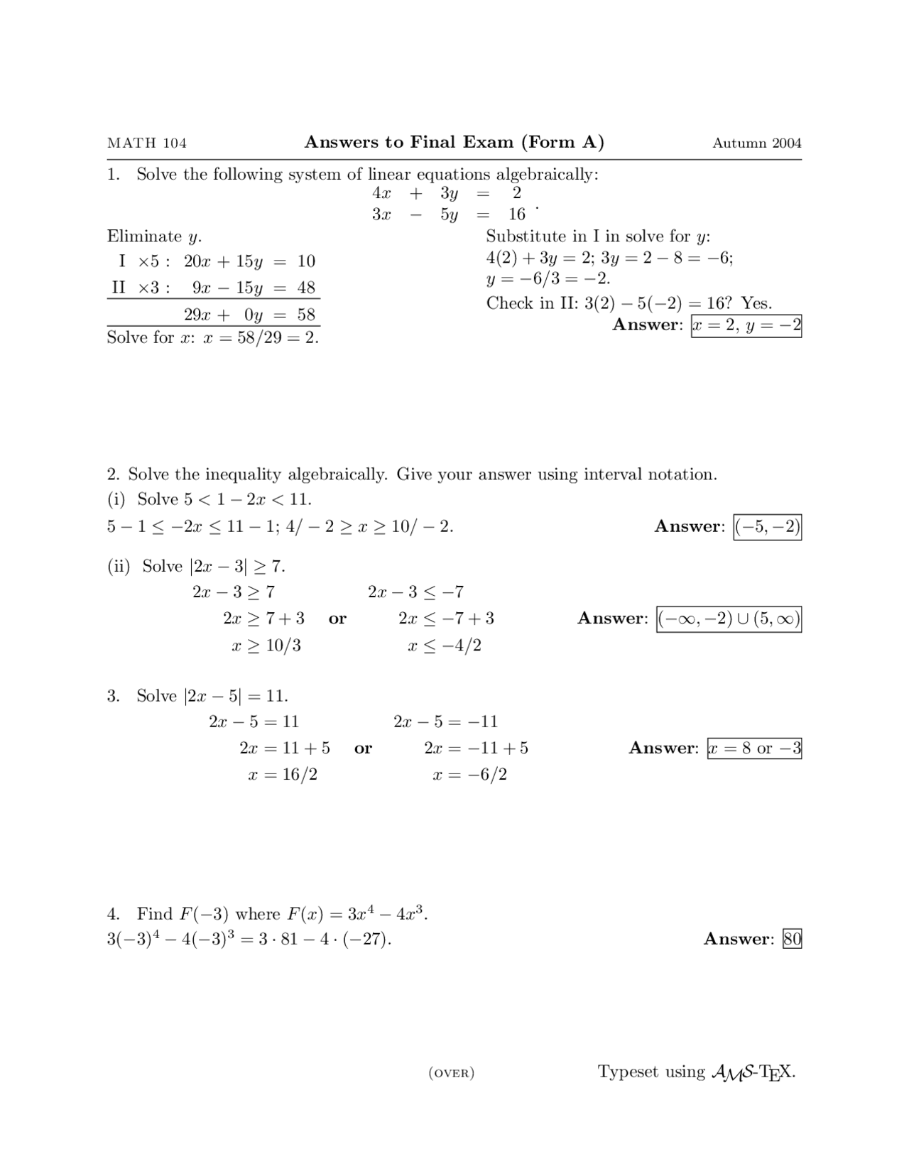Math Problems Exam 20 Problems with Answers on Basic Mathematics - Final Exam | MATH 104 ...