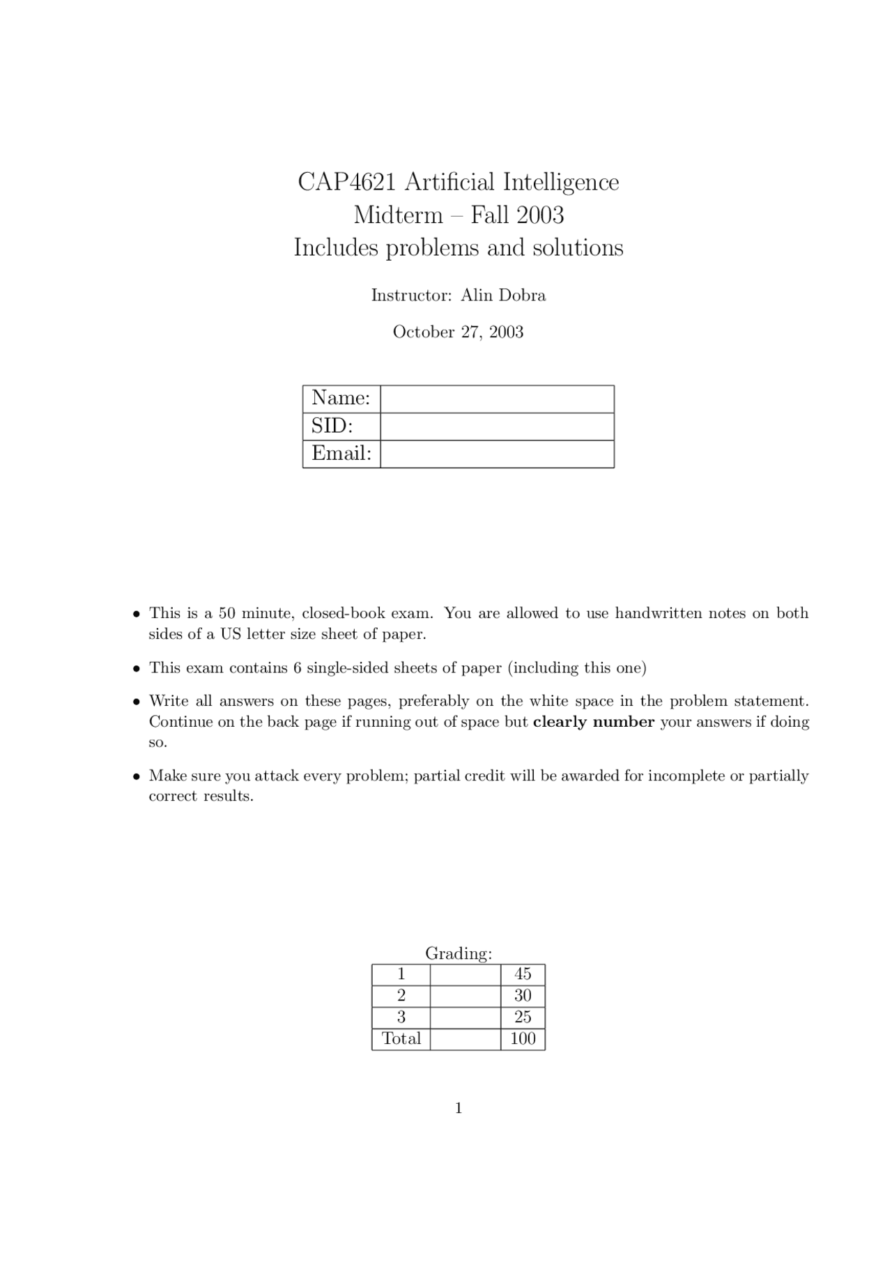 Questions on Artificial Intelligence with Solution - Midterm Exam | CAP ...