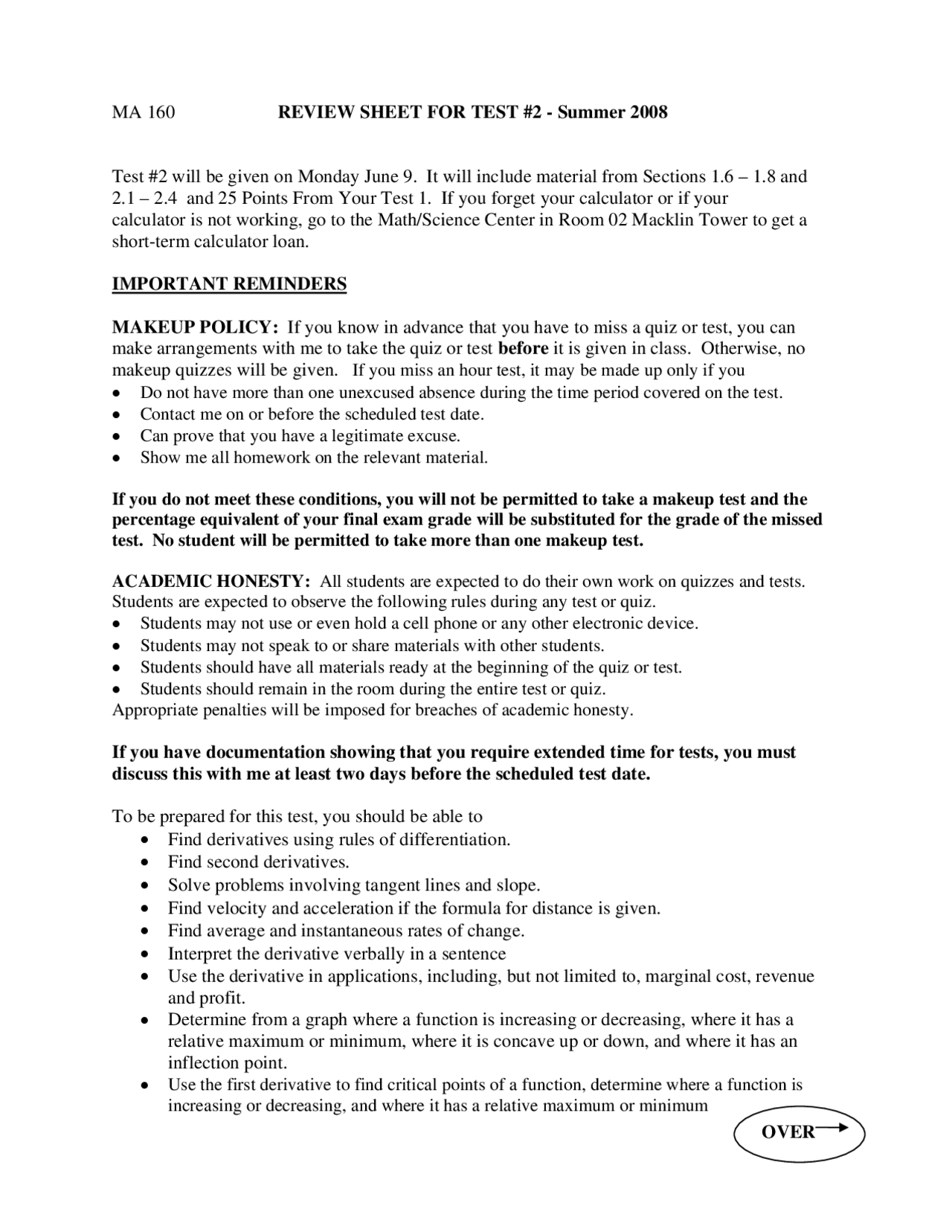 MA 160 - Test #2 Review Sheet for Summer 2008 - Prof. Farajolloh ...