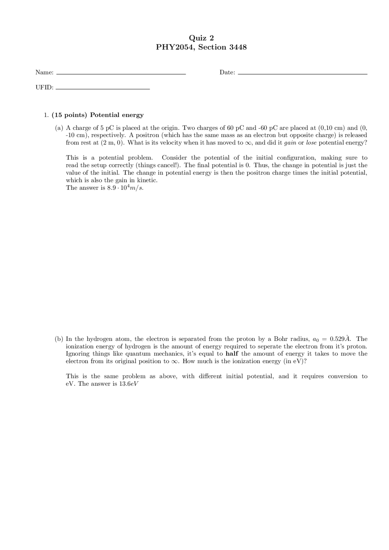 Potential Energy of Physics 2 - Quiz 2 | PHY 2054 - Docsity