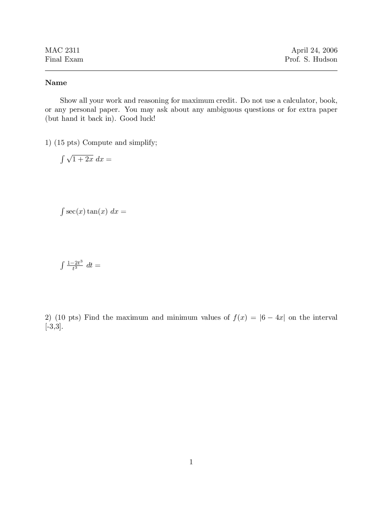Final Exam with 10 Questions for Calculus I | MAC 2311 - Docsity