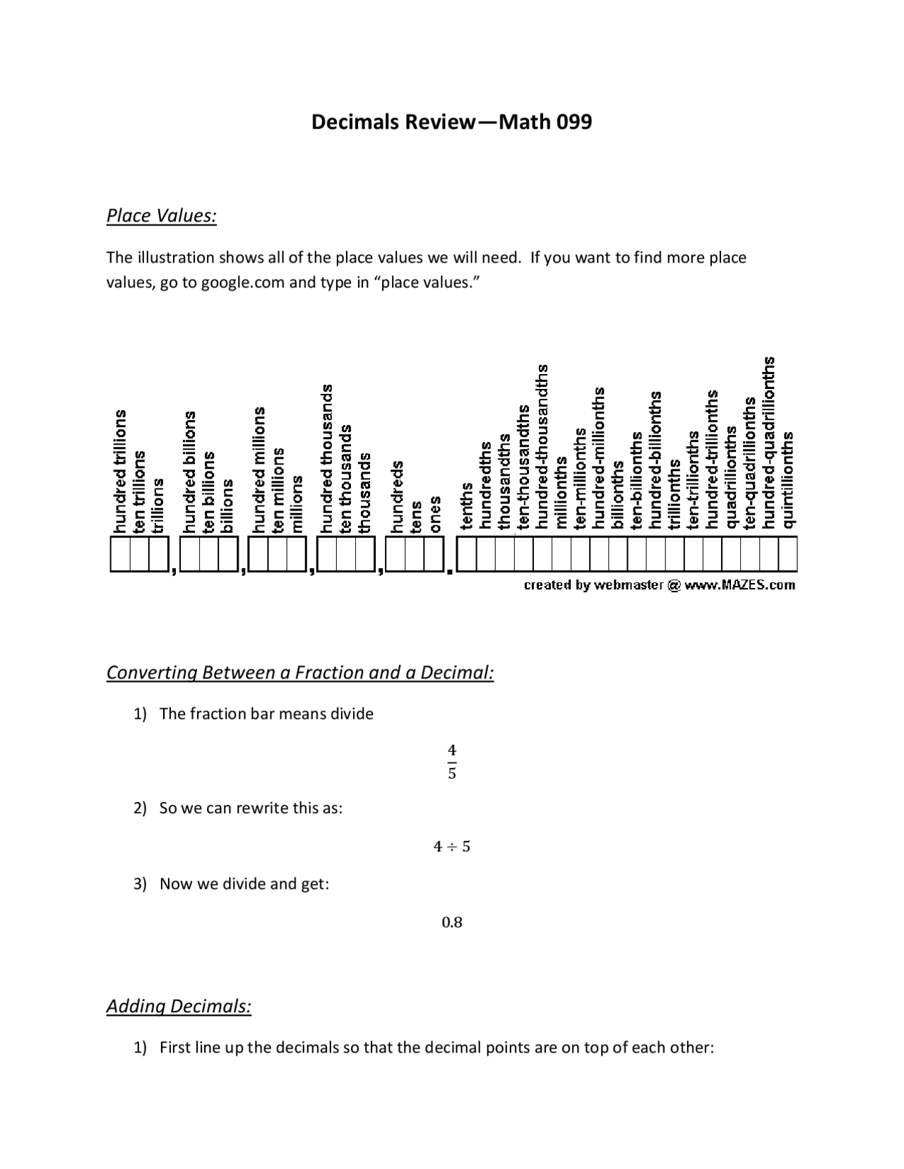 Decimals Review for Pre-Algebra | MATH 099 | Study notes Algebra | Docsity