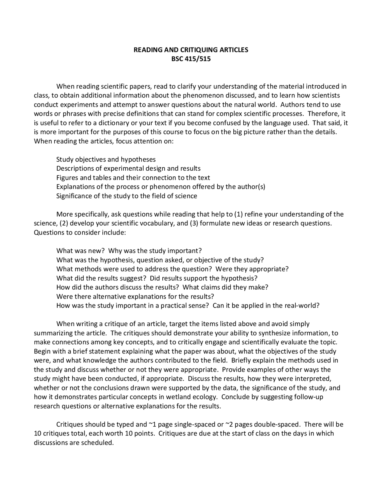 Reading And Critiquing Articles Wetland Plant Ecology Bsc 415 Docsity