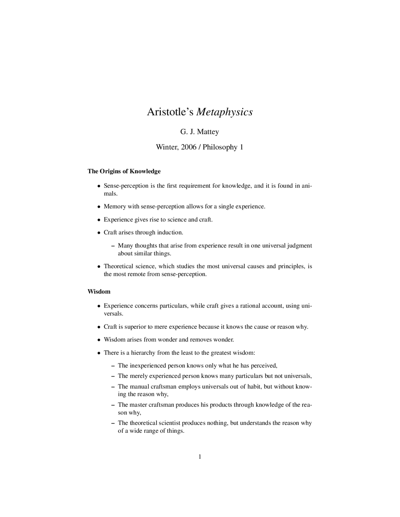 Aristotle's Metaphysics Lecture Notes PHI 001 Docsity