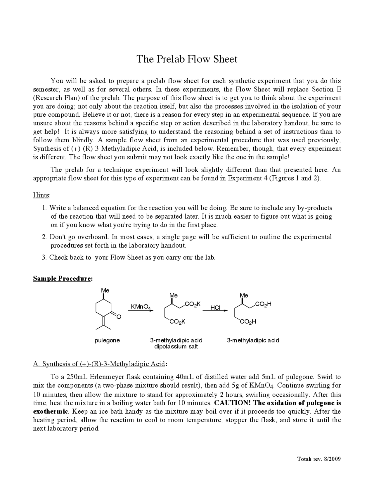 The Prelab Flow Sheet - Organic Chemistry Laboratory | CHE 276 - Docsity