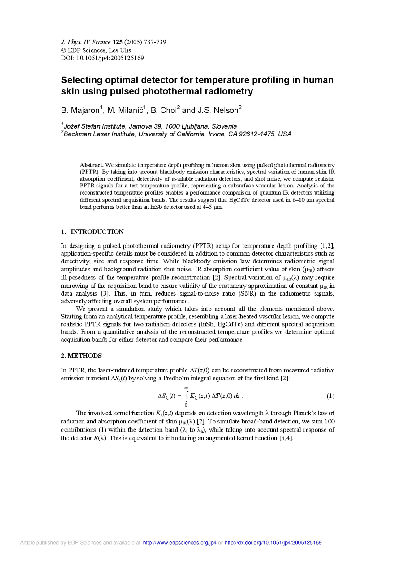Optimal Detector for Temperature Profiling in Human Skin Using Pulsed ...