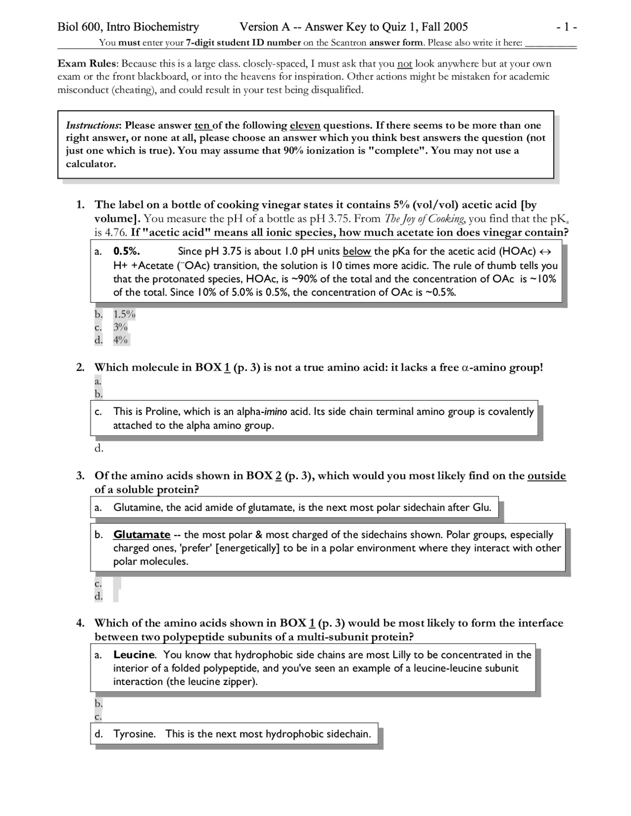 Quiz 1 Answer Key - Introduction to Biochemistry | BIOL 600 - Docsity