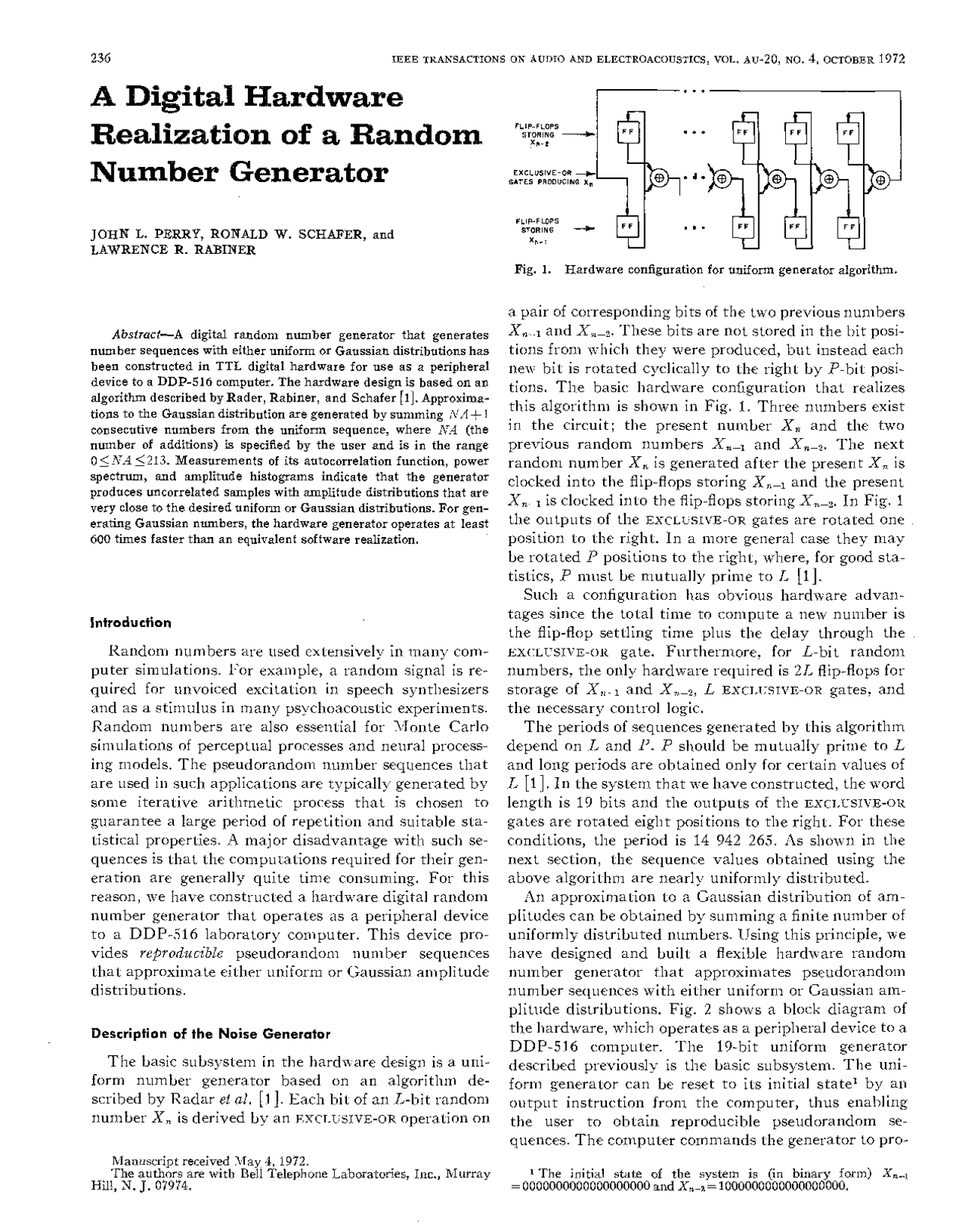 A Digital Hardware Realization of a Random Number Generator | CH ST 259 ...