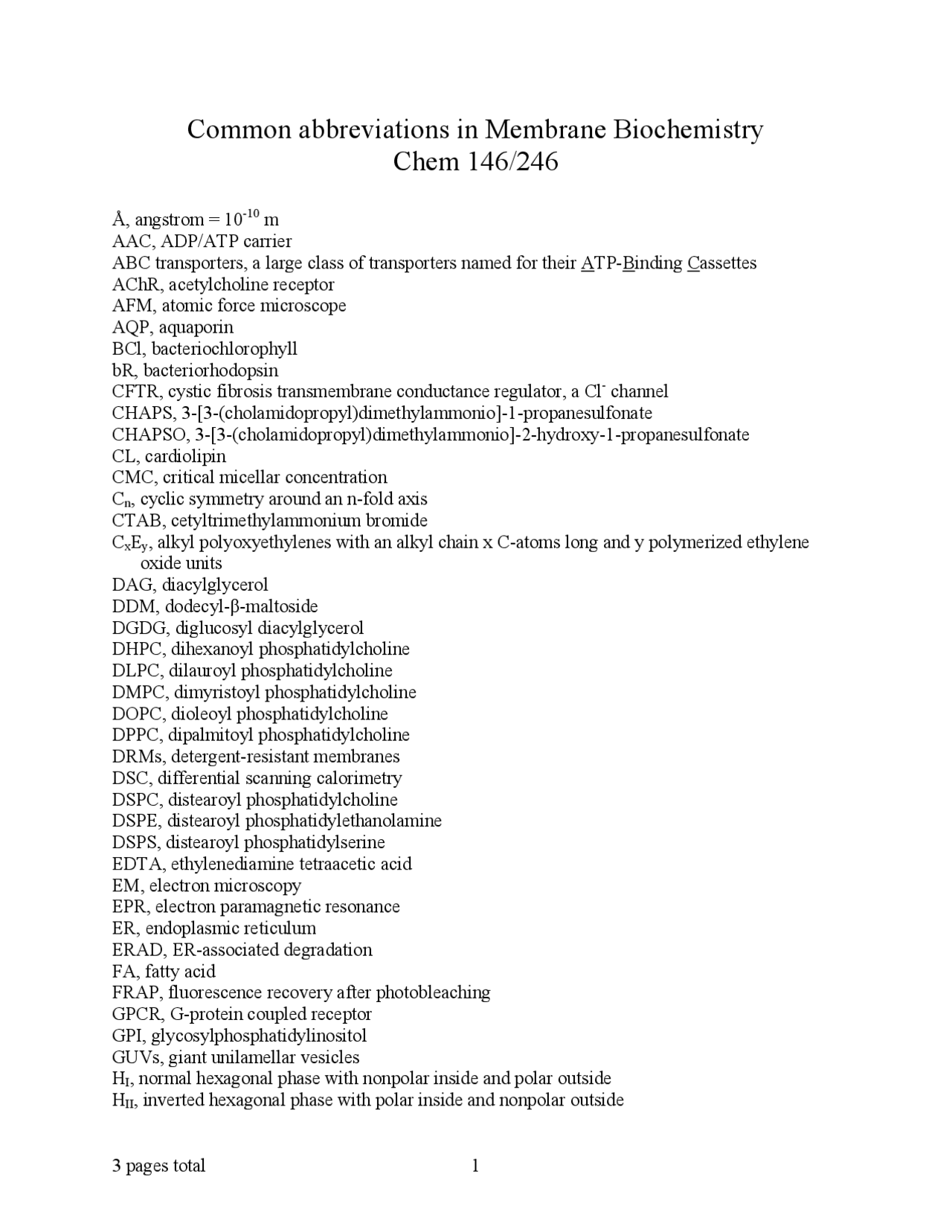 Common Abbreviations in Membrane Biochemistry CHEM 146 Docsity