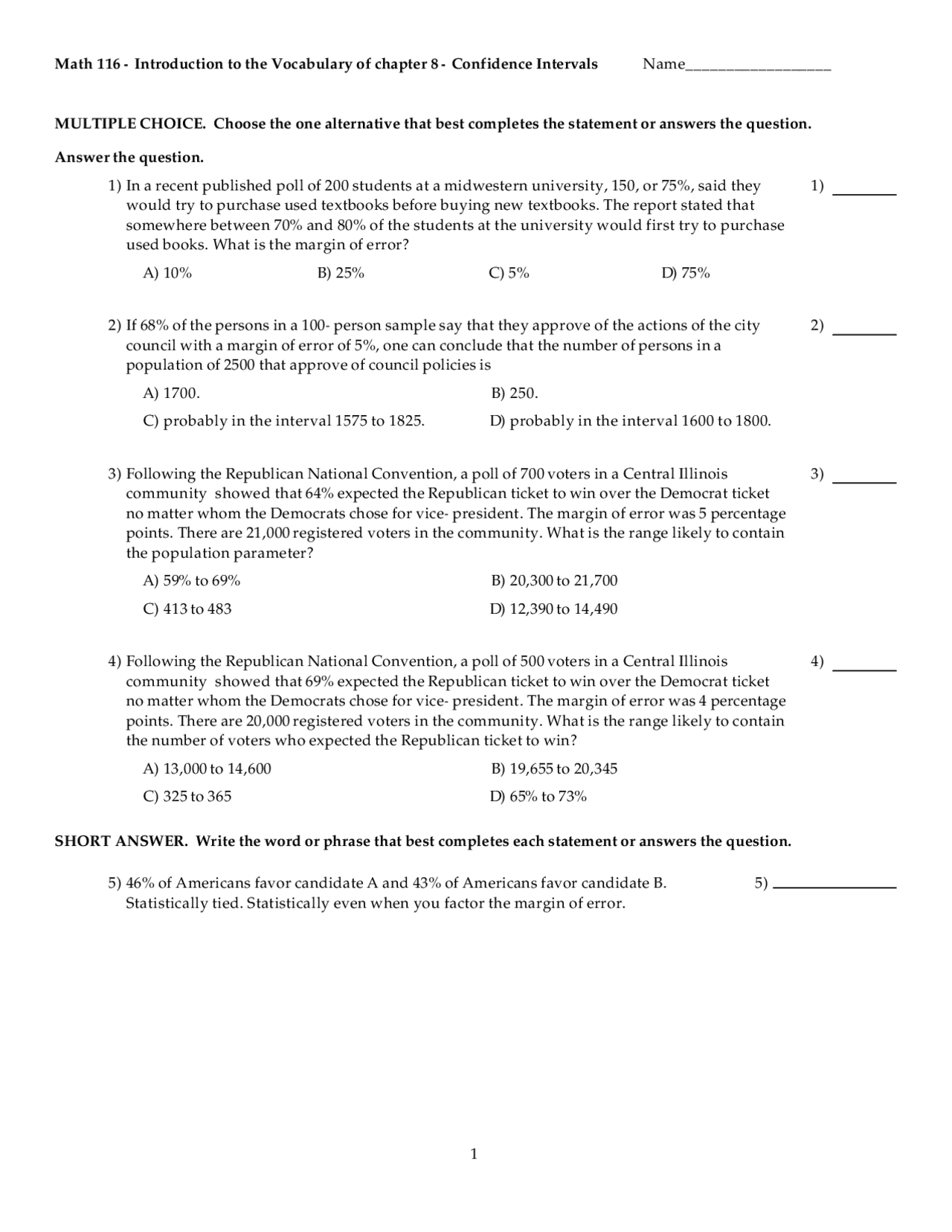 Problems with Solutions - Confidence Intervals | MA 116 - Docsity
