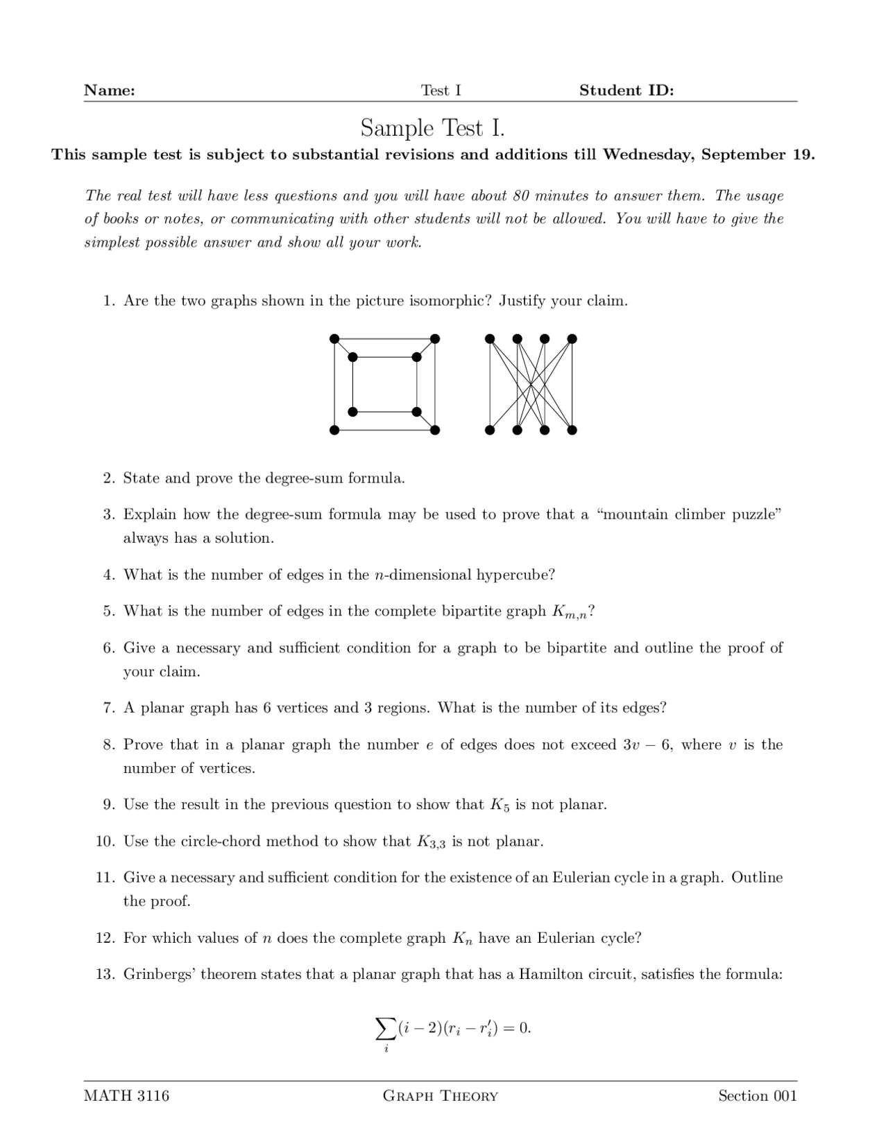 Sample Test I Questions - Graph Theory | MATH 3116 - Docsity