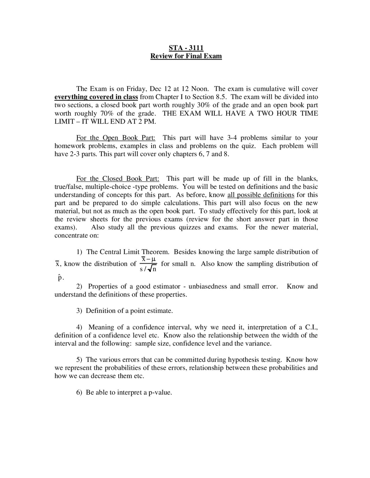 Statistics I Review For Final Exam Sta 3111 Docsity Statistics I Review For Final Exam Sta 3111 Docsity