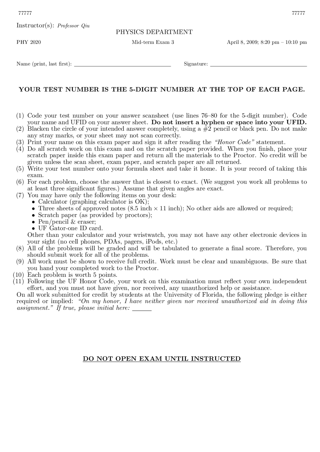 Introduction to Principles of Physics - Midterm Exam 3 | PHY 2020 - Docsity
