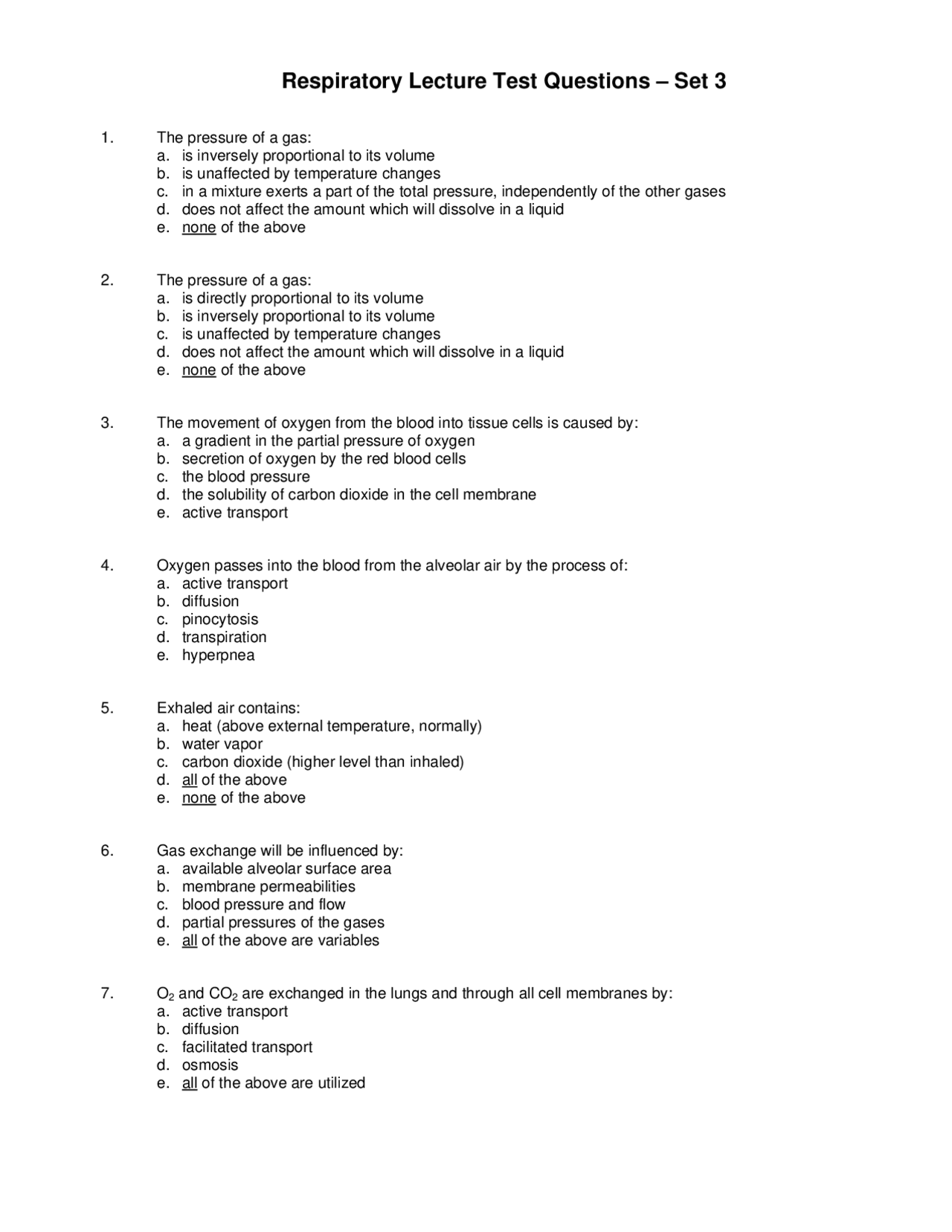 Respiratory Lecture Test Questions - Set 3 | BI 205 - Docsity