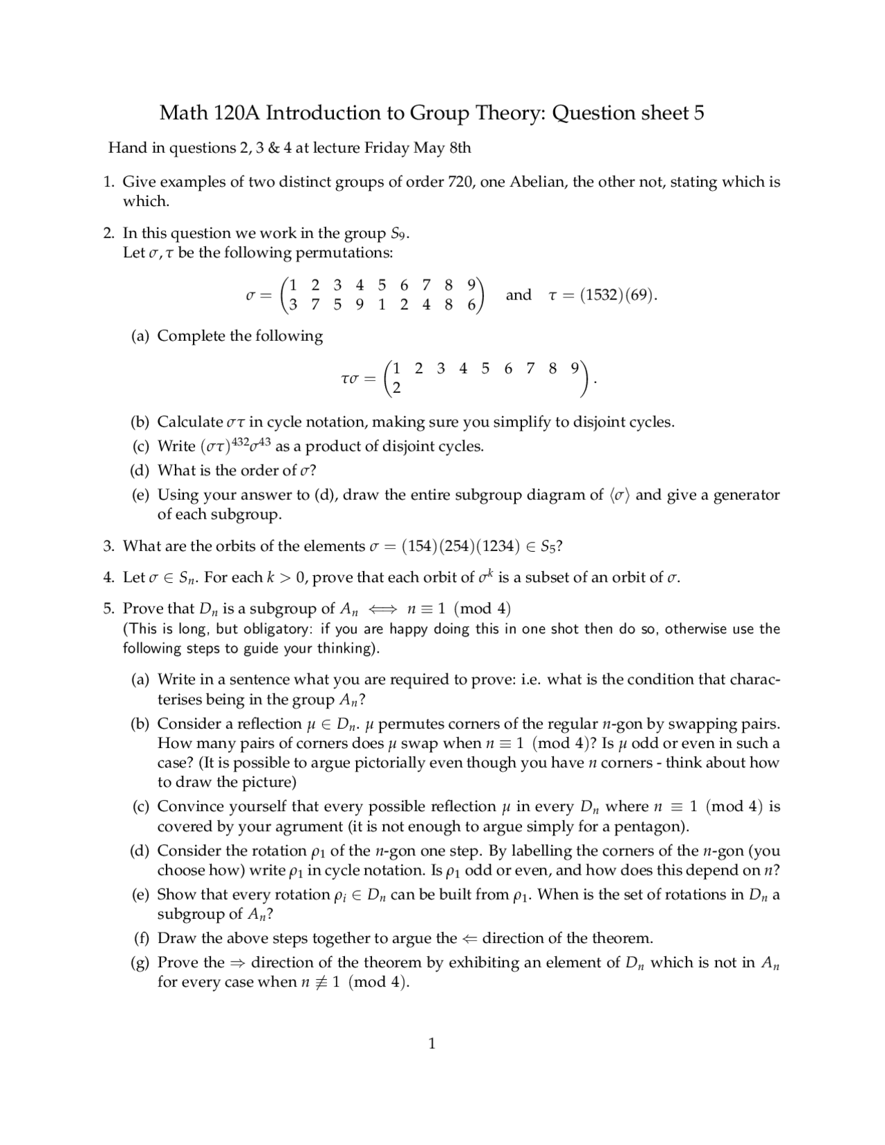 Questions Sheet 5 - Introduction Group Theory | Math 120 - Docsity