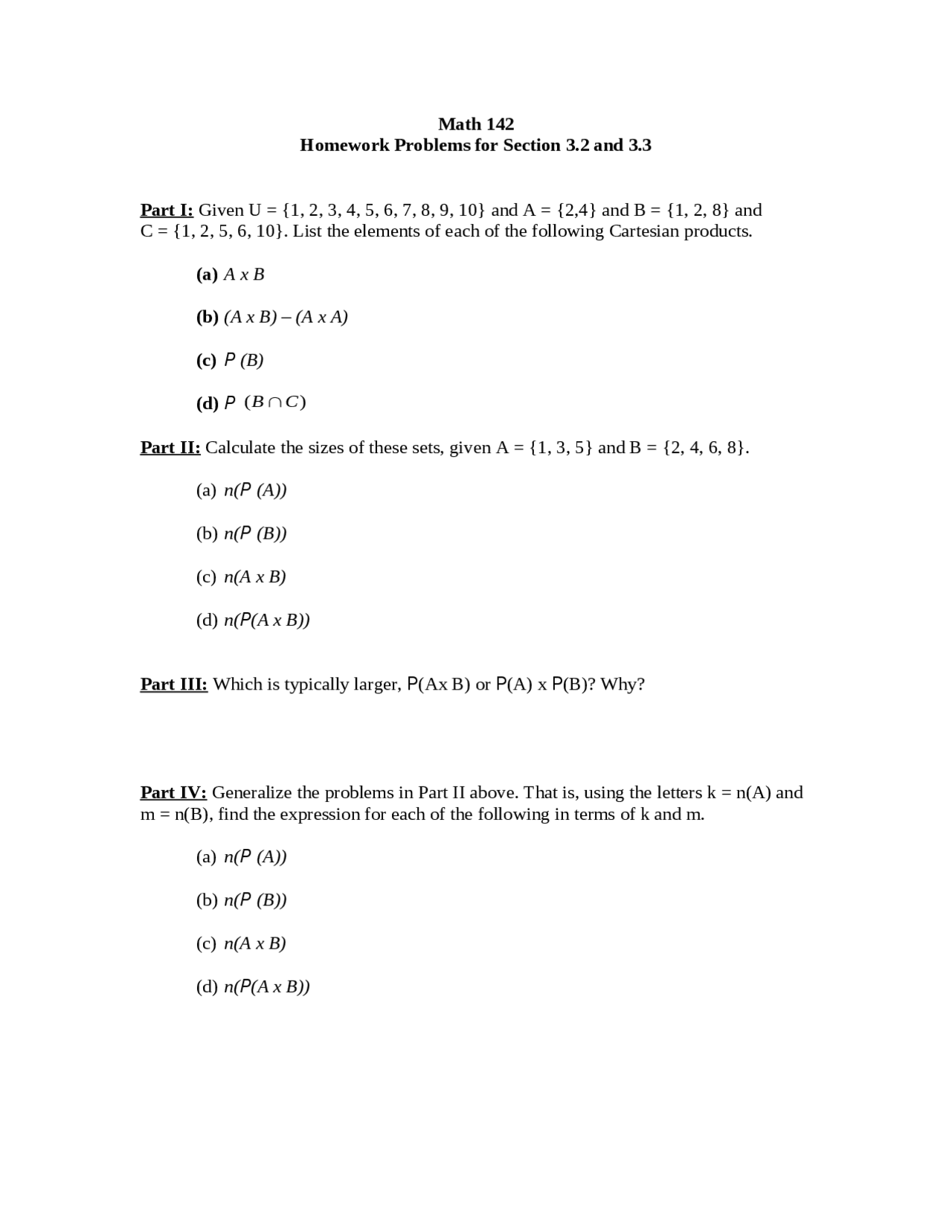 Homework Problems - Discrete Mathematics | MATH 142 - Docsity