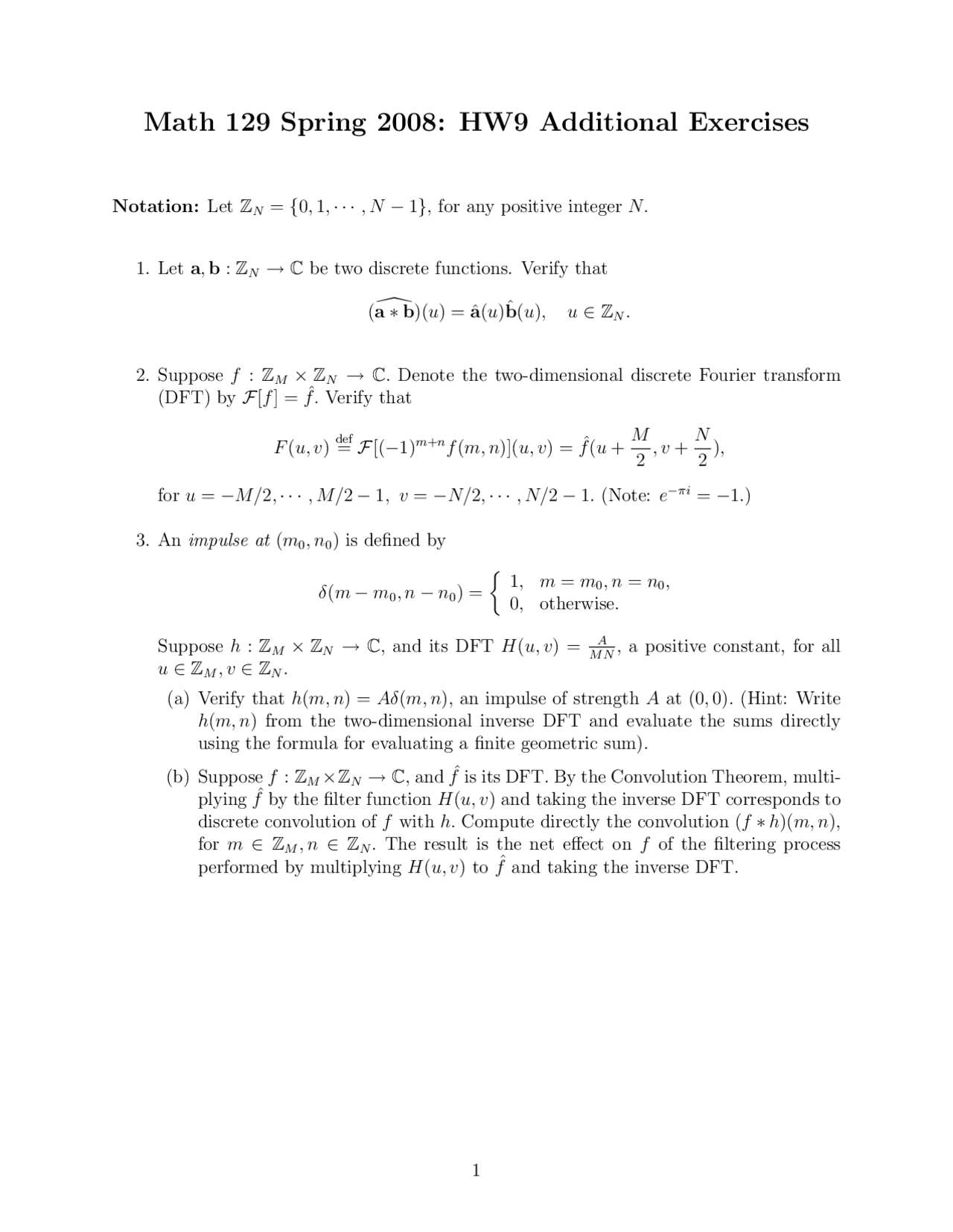 Homework 9 Additional Exercises Fourier Analysis Mat 129 Docsity