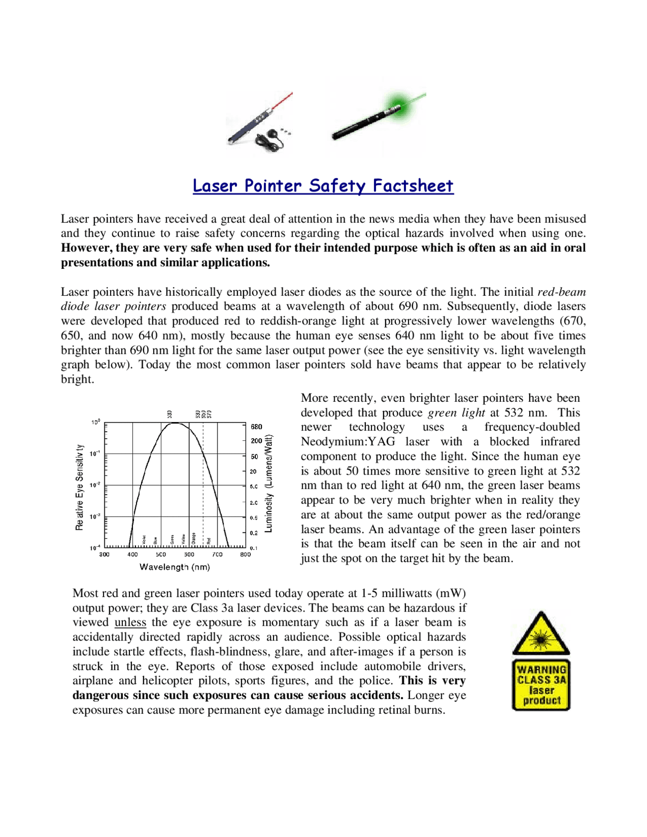 Laser Pointer Safety Fact Sheet Crib Sheet Neurol 532 Docsity