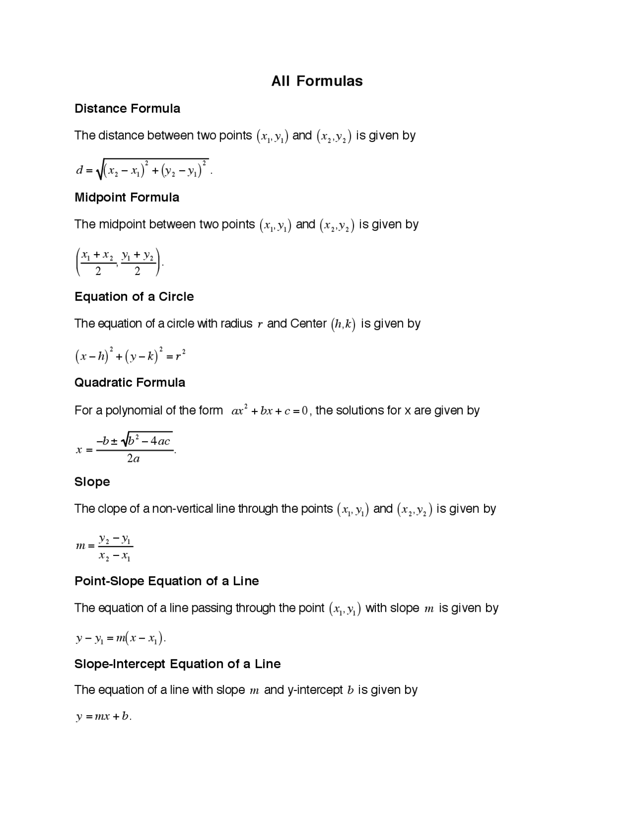 Multivariable Calculus Distance Formulas All Formulas of Distance in Precalculus Mathematics | MATH 104 - Docsity
