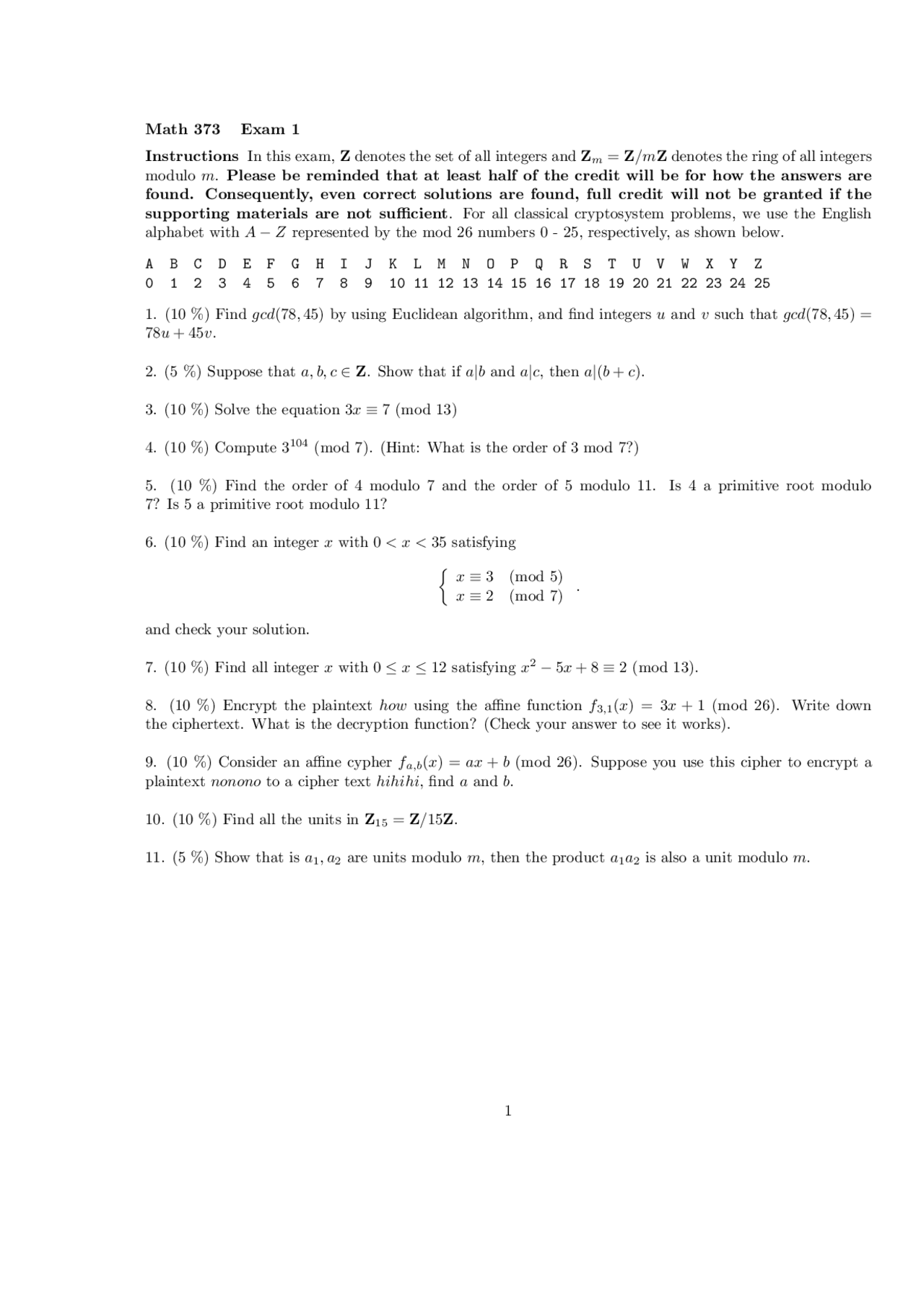 Cryptography Math Practice Problem Exam 1 with Solution - Introduction to Cryptography | MATH 373 - Docsity