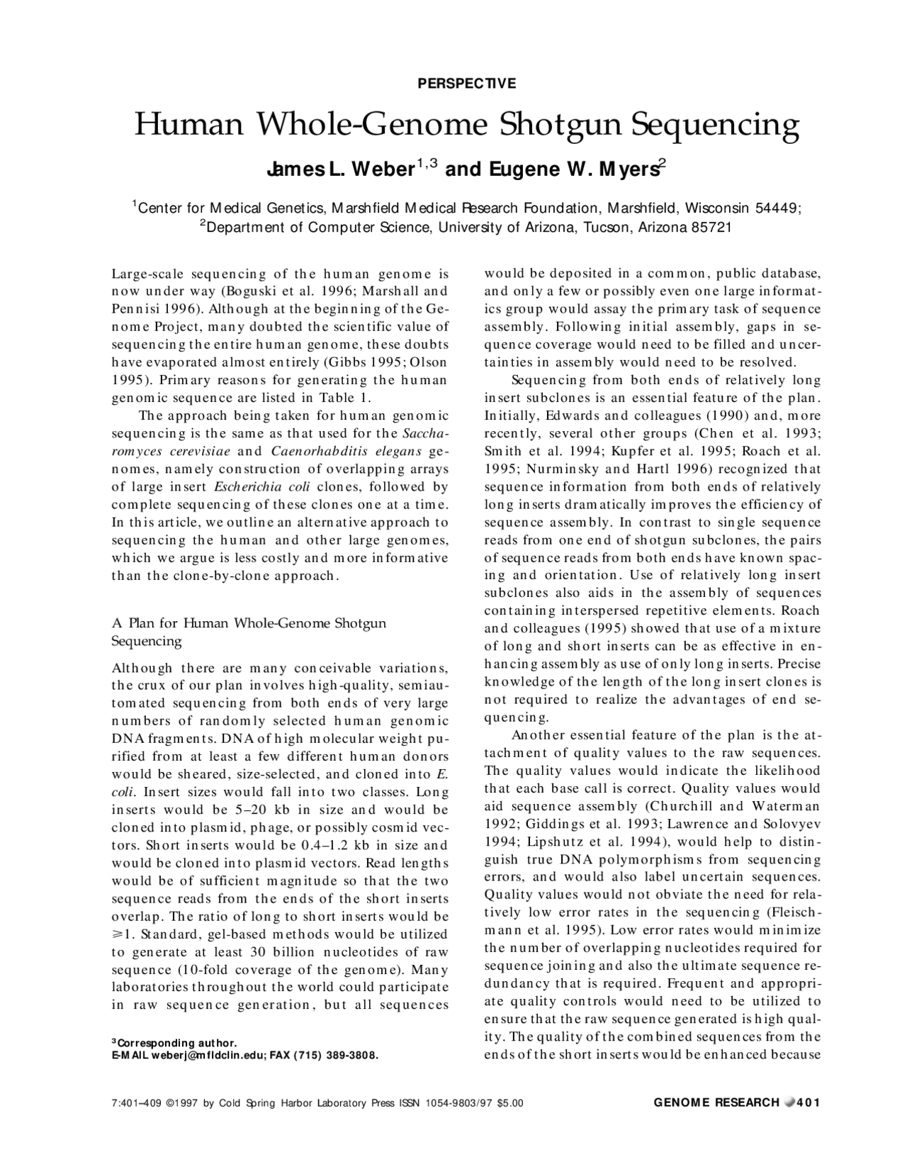 Perspective: Human Whole Genome Shotgun Sequencing | CAP 5510 - Docsity