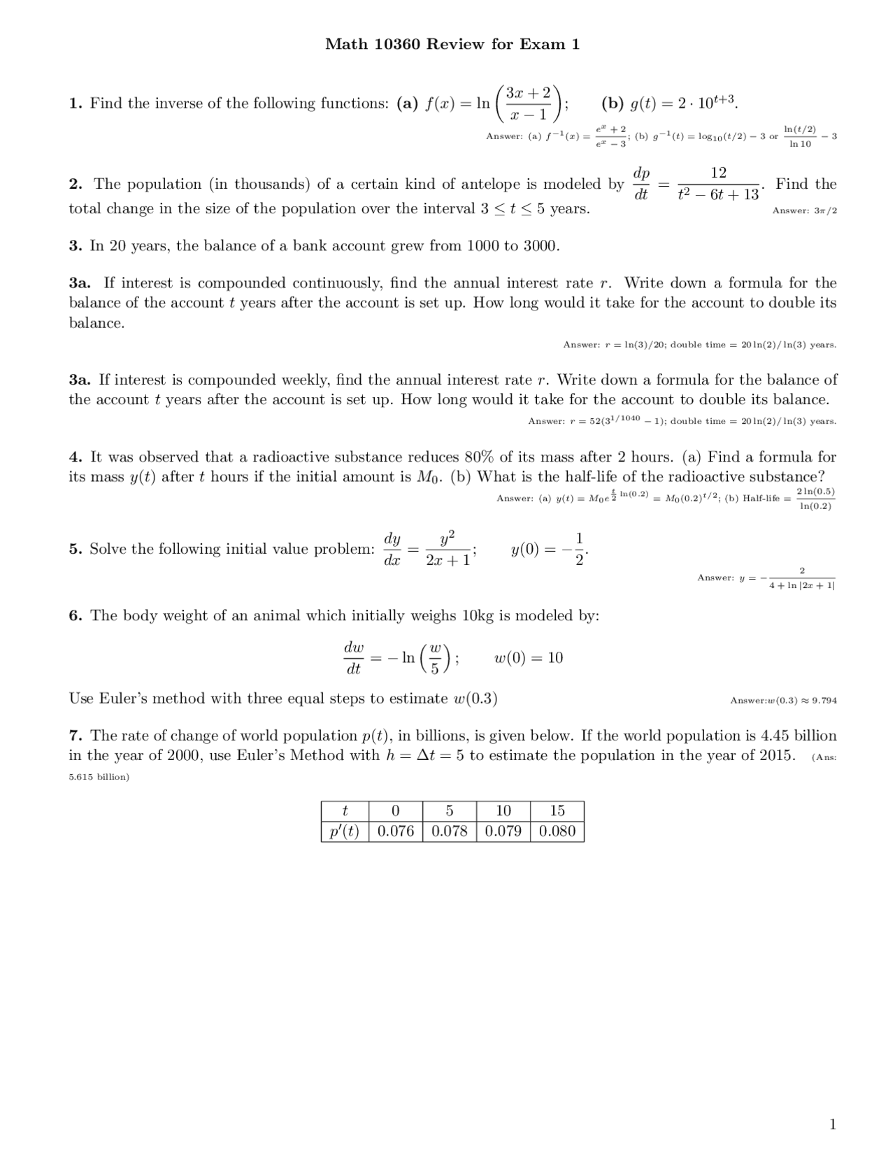 Review For Exam 1 Calculus B Math Docsity